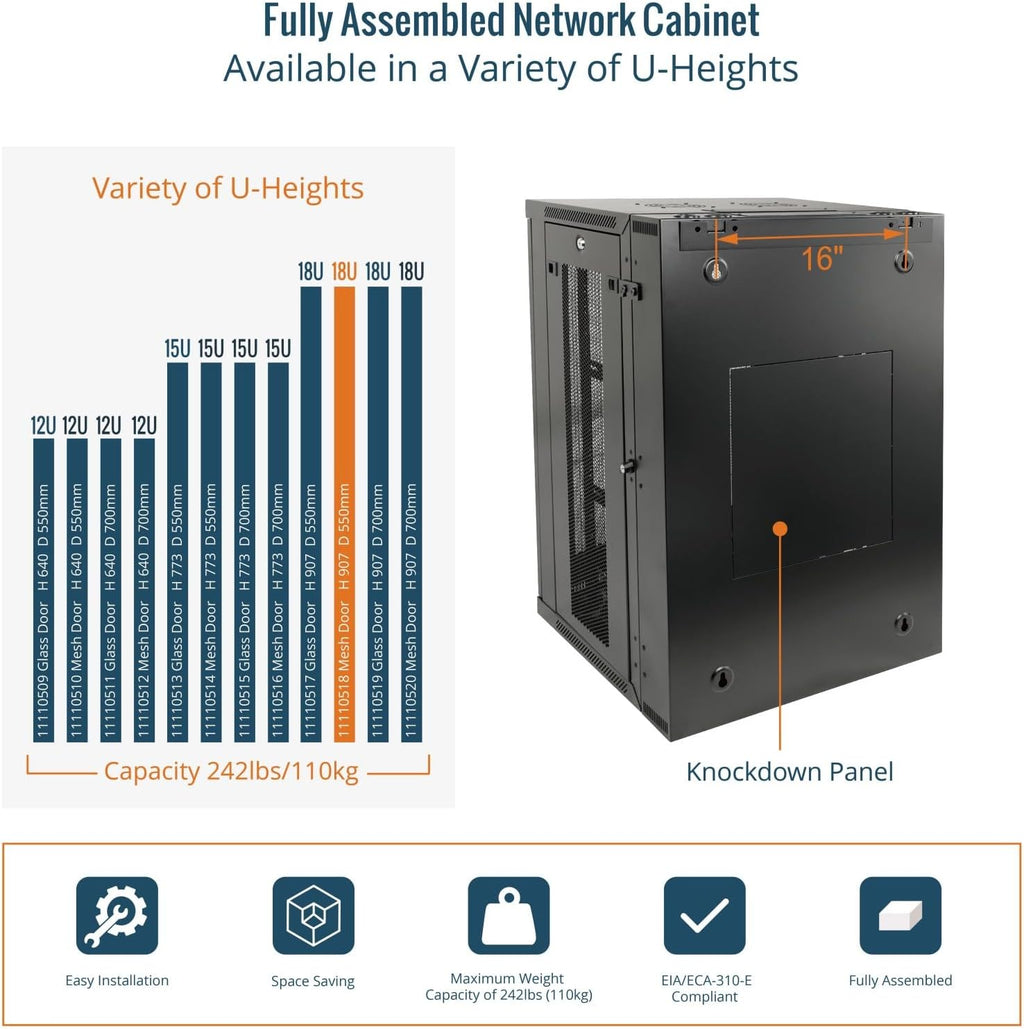 Tecmojo Fully Welded Server Cabinet, 18U Wall Mount Rack, 21.7inch Depth Network Rack, Mesh Door, Swing Out, Load Bearing 242lbs (110 kg), Network Cabinet for 19in Computer/AV/Data/IT Equipment