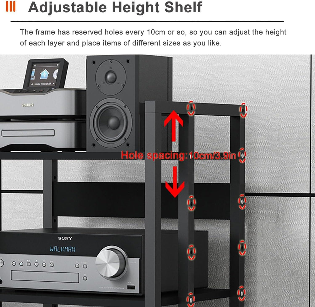 5-Tier AV Media Stand, Audio-Video Shelving Adjustable, Rolling AV Rack Electronics Equipment Shelf Stereo Cabinet for Living, Gaming, Recording Room (Black)