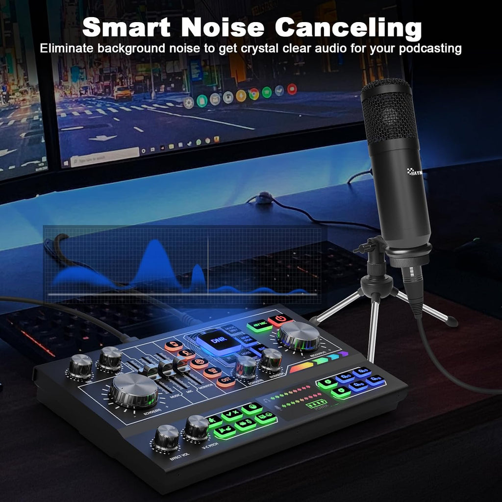 Podcast Equipment Bundle for 2, Audio Interface, Voice Changer with 3.5mm Condenser Microphone, Dual BT Wireless, 48V Phantom Power Supply for PC/Smartphone/Laptop,Streaming Recording,TikTok
