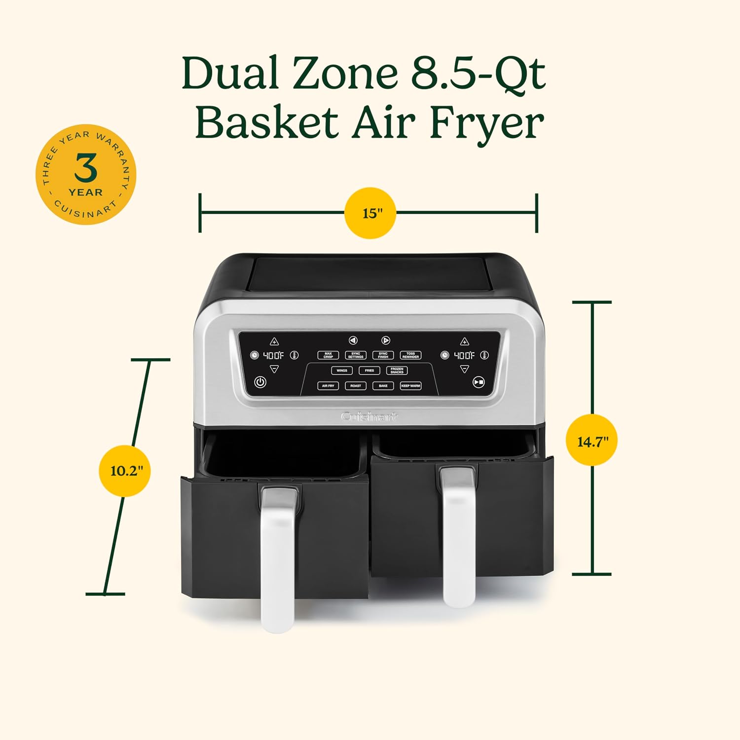 Cuisinart Dual Basket Air Fryer, 2-4.25 QT Baskets, Total 8.5 QT, 4 Functions Air Fry, Roast, Bake and Keep Warm, Features Sync Finish and Sync Settings, Toss Reminder, Auto Warm Mode and Auto-Pause