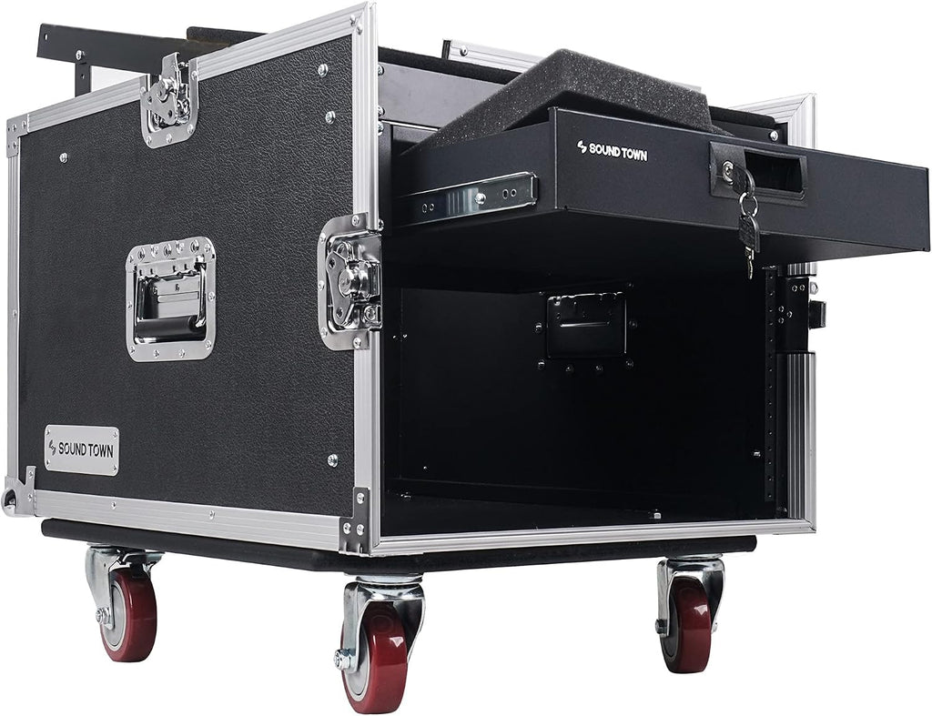 Sound Town High-Quality 1/2' (12mm) Plywood 8U PA DJ Pro Audio Rack/Road ATA Case with 11U Slant Mixer Top, Locking Drawer, 20.2'' Rackable Depth and Casters (STMR-8D2)