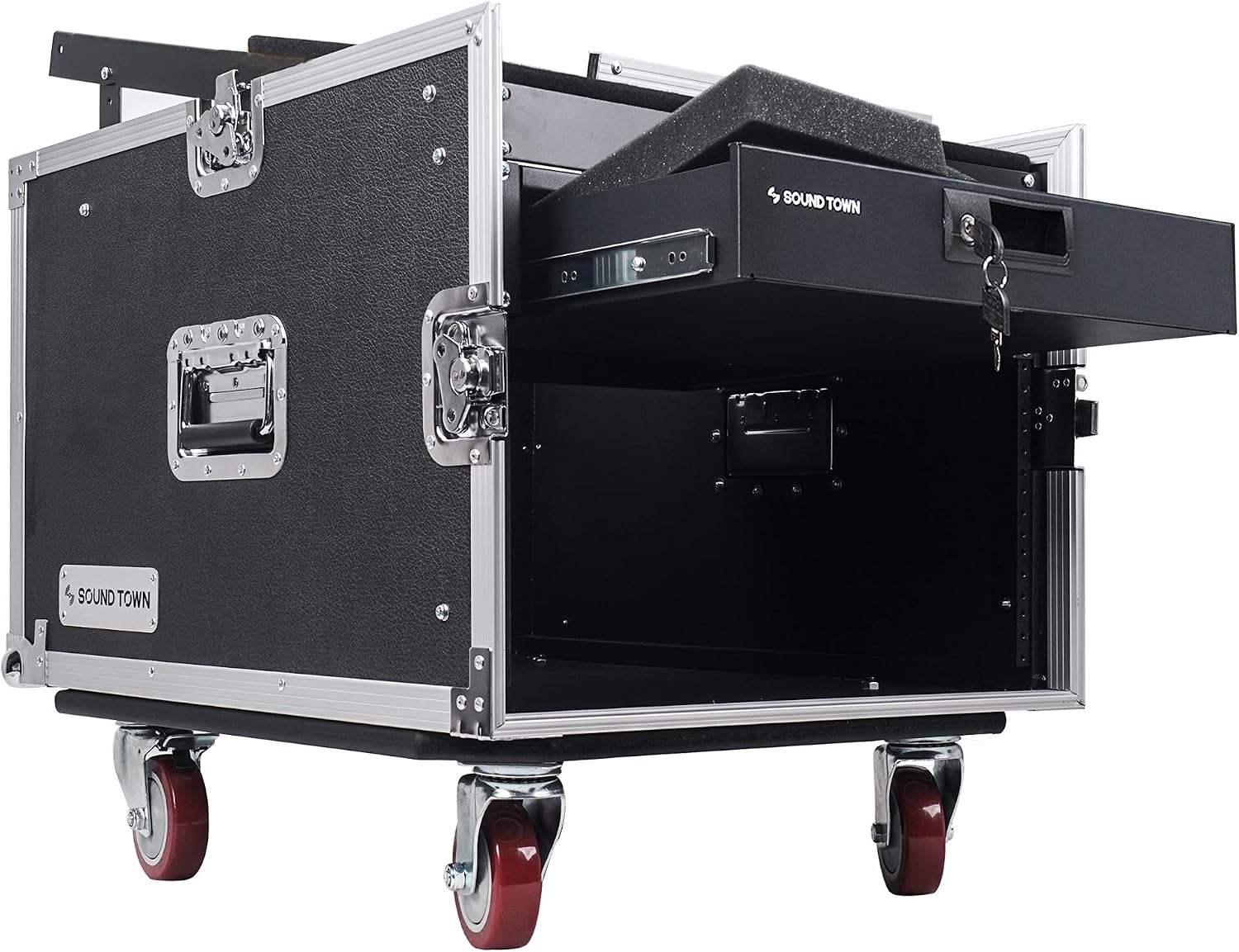 Sound Town High-Quality 1/2' (12mm) Plywood 8U PA DJ Pro Audio Rack/Road ATA Case with 11U Slant Mixer Top, Locking Drawer, 20.2'' Rackable Depth and Casters (STMR-8D2)