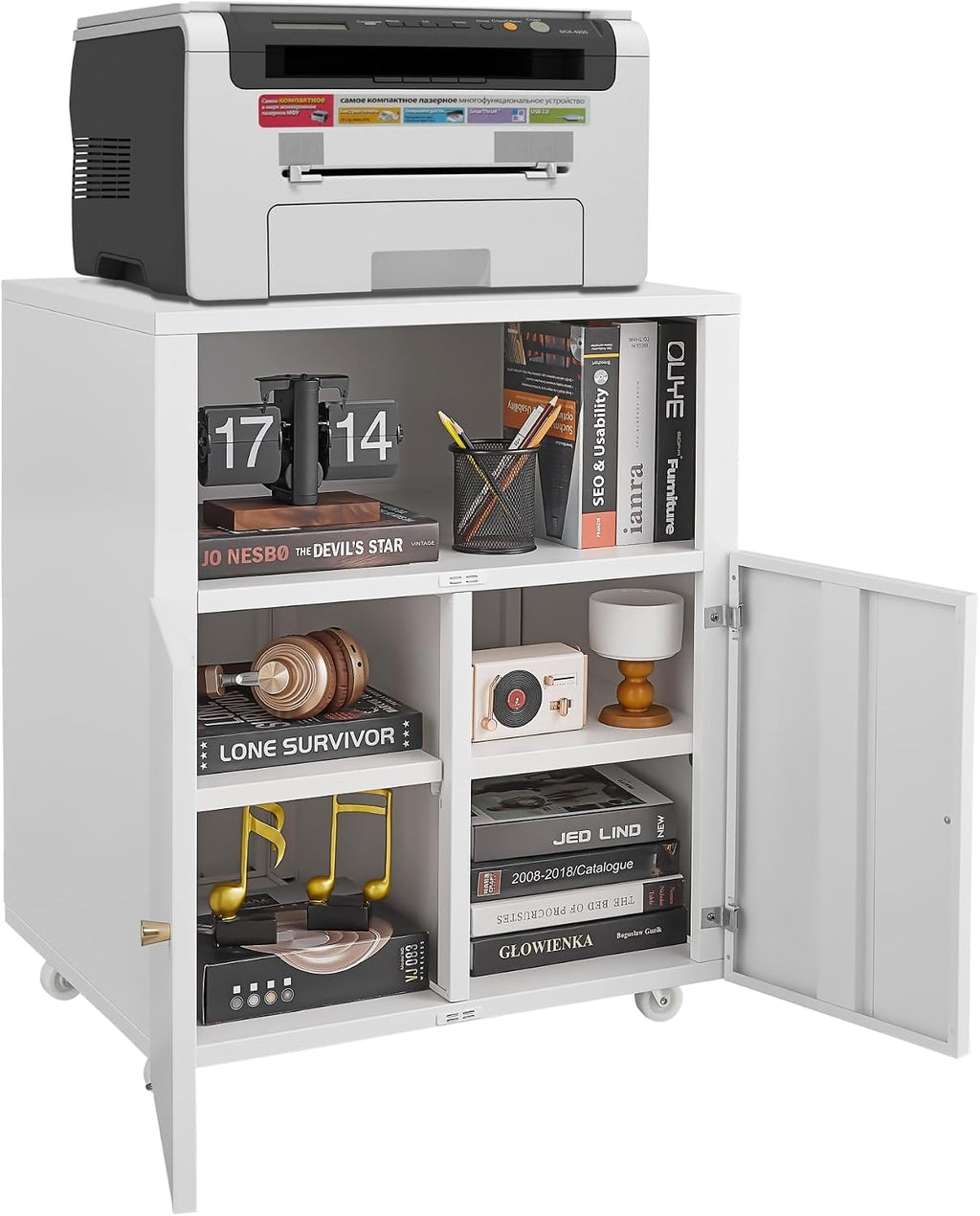 GarveeLife Metal Printer Cabinet with Storage, Heavy Duty Rolling 3D Printer Stand with 2 Doors, Under Desk File Cabinet for Home Office Corner and Small Spaces White