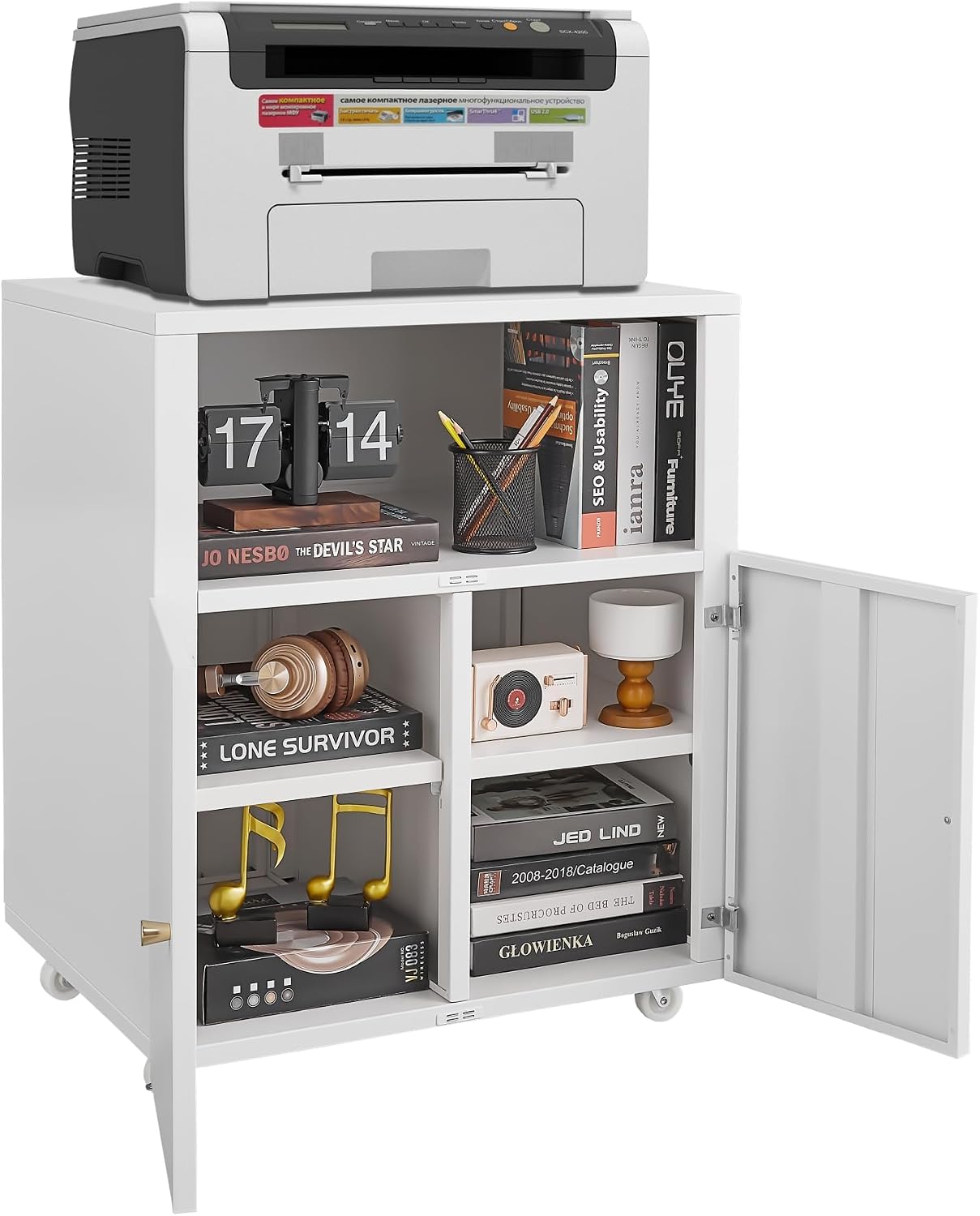 GarveeLife Metal Printer Cabinet with Storage, Heavy Duty Rolling 3D Printer Stand with 2 Doors, Under Desk File Cabinet for Home Office Corner and Small Spaces White