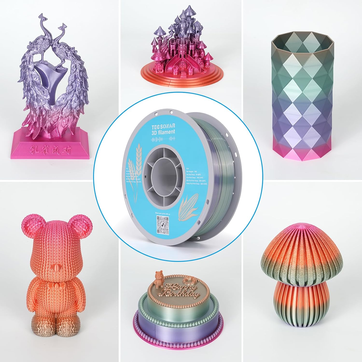 Silk Rainbow PLA 3D Printer Filament, 10 Rolls,1KG Spool(2.2lbs) 1.75mm 3D Printing Multicolor Gradient Filament Bundle for Most FDM 3D Printers,10 Different Silk Rainbow Colors