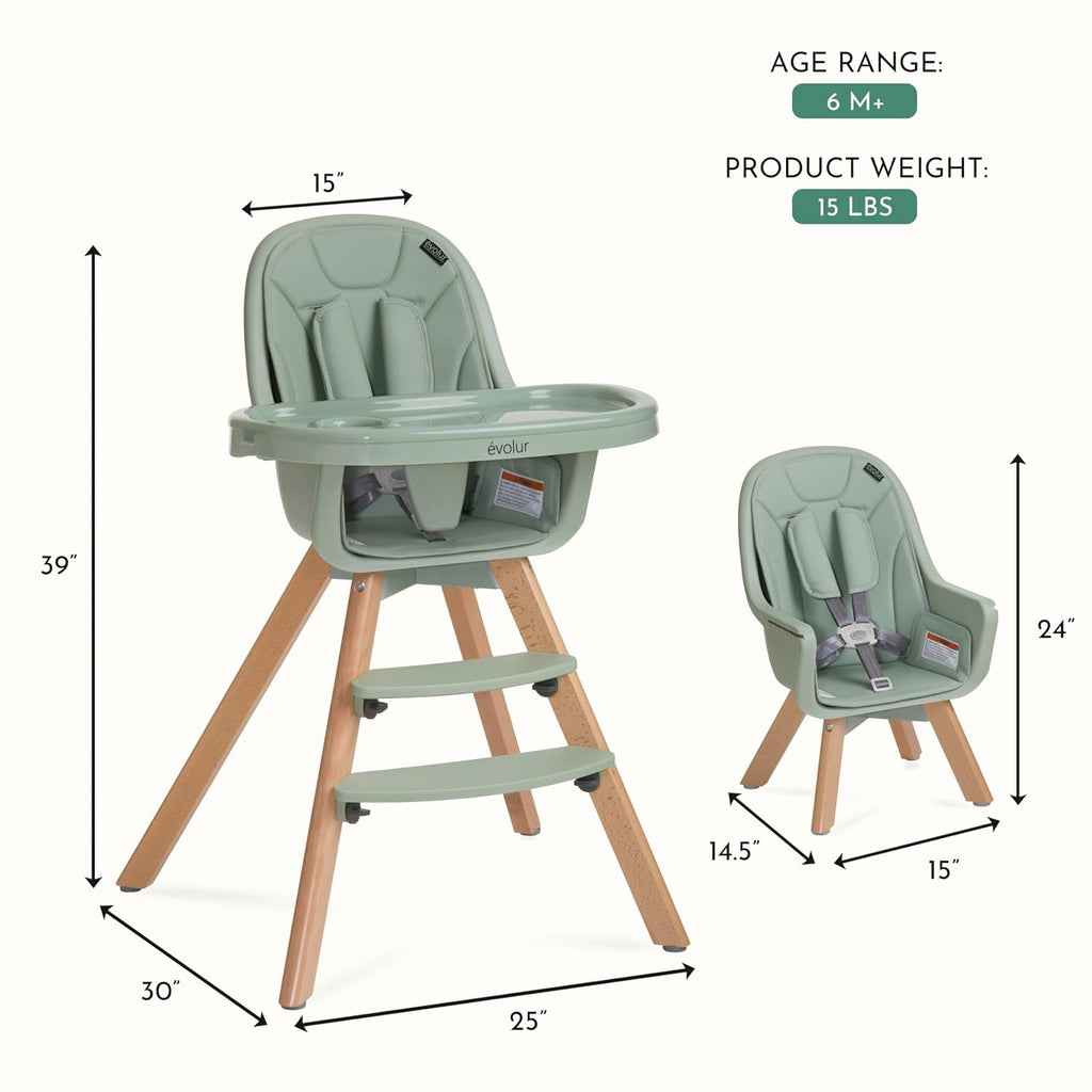 Evolur Zoodle 2-in-1 High Chair for Baby & Toddler – Convertible High Chair to Toddler Chair, Padded Seat, 5-Point Safety Harness, Dual Dishwasher-Safe Trays, Solid Beechwood Legs – Sage Green