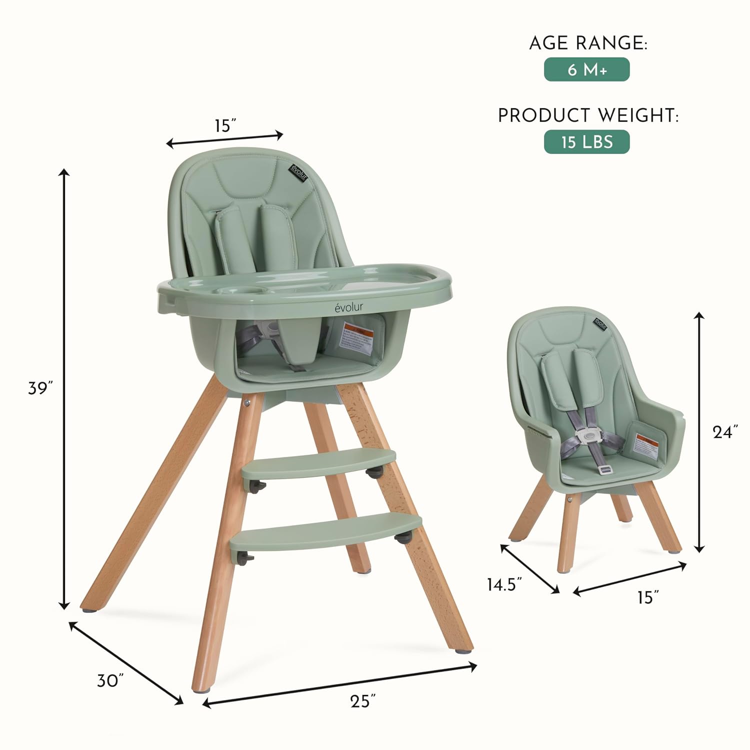 Evolur Zoodle 2-in-1 High Chair for Baby & Toddler – Convertible High Chair to Toddler Chair, Padded Seat, 5-Point Safety Harness, Dual Dishwasher-Safe Trays, Solid Beechwood Legs – Sage Green