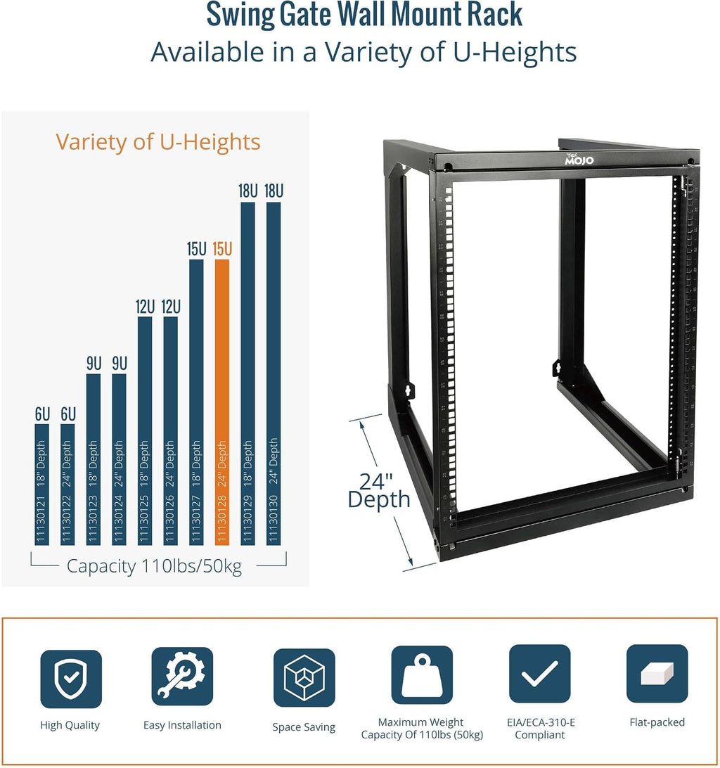 Tecmojo 15U Wall Mount Server Rack, Open Frame Network Rack for 19' Computer/AV/Data/IT/Media Equipment, 24' Depth, 16' Apart Mounting Holes, Swing Gate, Square and Tapped Holes