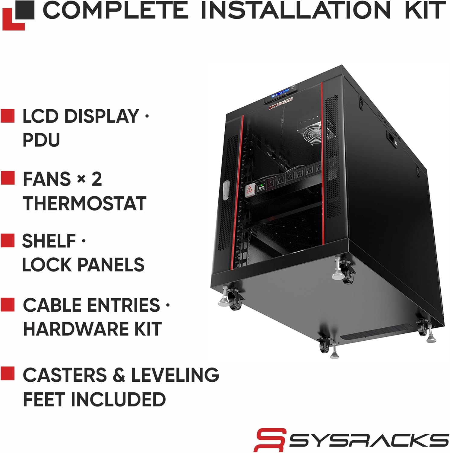 19' Server Rack Cabinet 15U – 35' Deep Network Cabinet Enclosure with Glass Door, Locking Panels, Cooling Fans, PDU & Shelf, IT Rack for Servers, Switches, AV Equipment