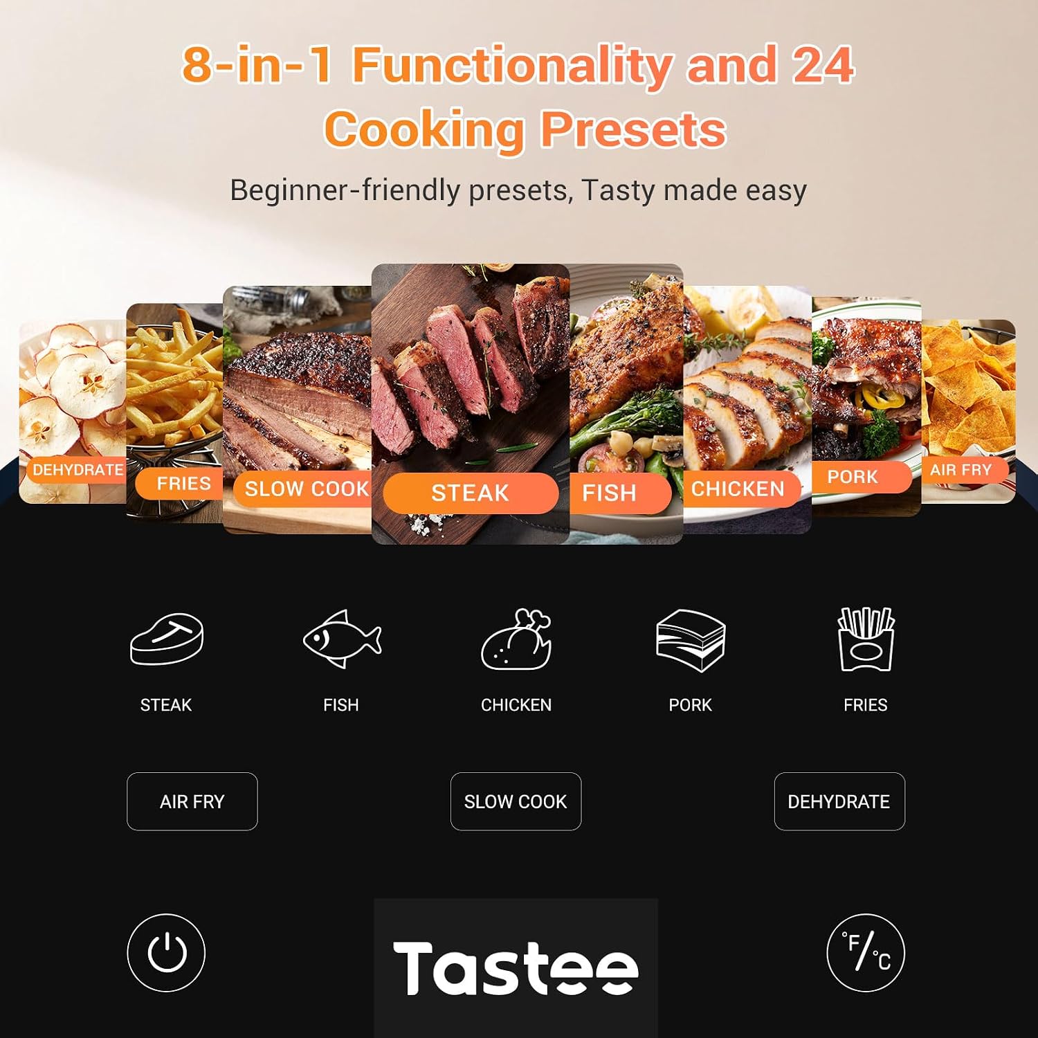 Tastee Air Fryer Lite, 8-in-1 Compact 5.5QT Oven with Single-Sensor Smart Probe, 450°F Digital Dehydrator, 24 One-Touch Presets, Dishwasher-Safe & Non-Stick Basket
