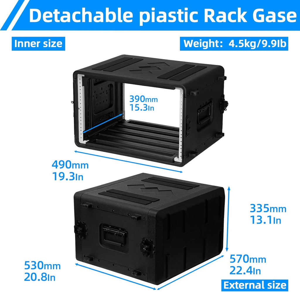 6U Rack Case Shallow 17' Depth, 19' Rackmount Flight Cases Easy Installation Portable Carry Watertight Dust Proof 2 Space Shockproof Mount Racks with Microphone Compartments Space Saving