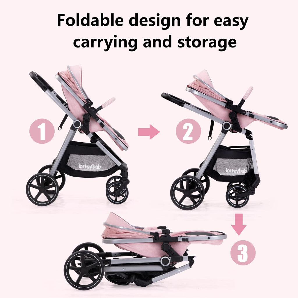 Lortsybab 2-in-1 Baby Stroller - Folding Infant Newborn Pram Stroller with Reversible Seat - Toddler Strollers for 0-36 Months Old Babies (Pink)