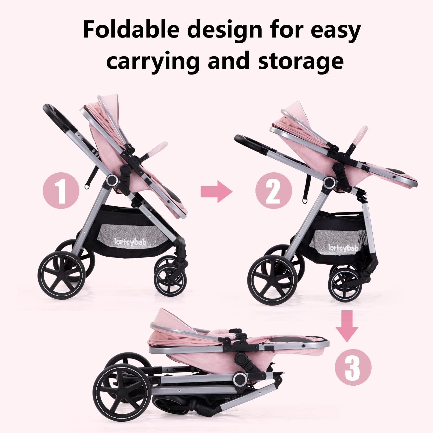 Lortsybab 2-in-1 Baby Stroller - Folding Infant Newborn Pram Stroller with Reversible Seat - Toddler Strollers for 0-36 Months Old Babies (Pink)