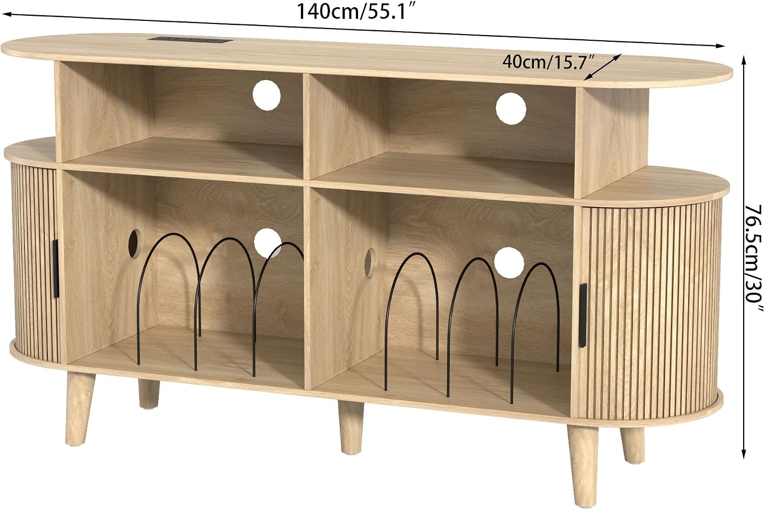 LUVIOHOME Large Round Record Player Stand with Charging Station & USB Ports，Record Storage Cabinet, Mid Century Modern Turntable Stand for Bedroom Living Room (Oak)