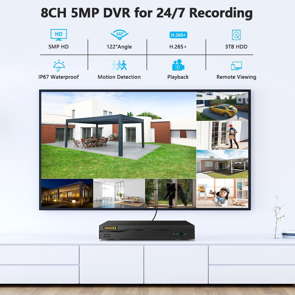 OOSSXX (2026 New) 5MP Wired Security Camera System, 8CH DVR with 3TB HDD, 8 CCTV Cameras (4 Bullet + 4 Dome), 122° Wide Angle, Free App No Monthly Fee, IP67 Outdoor Home Surveillance Kit