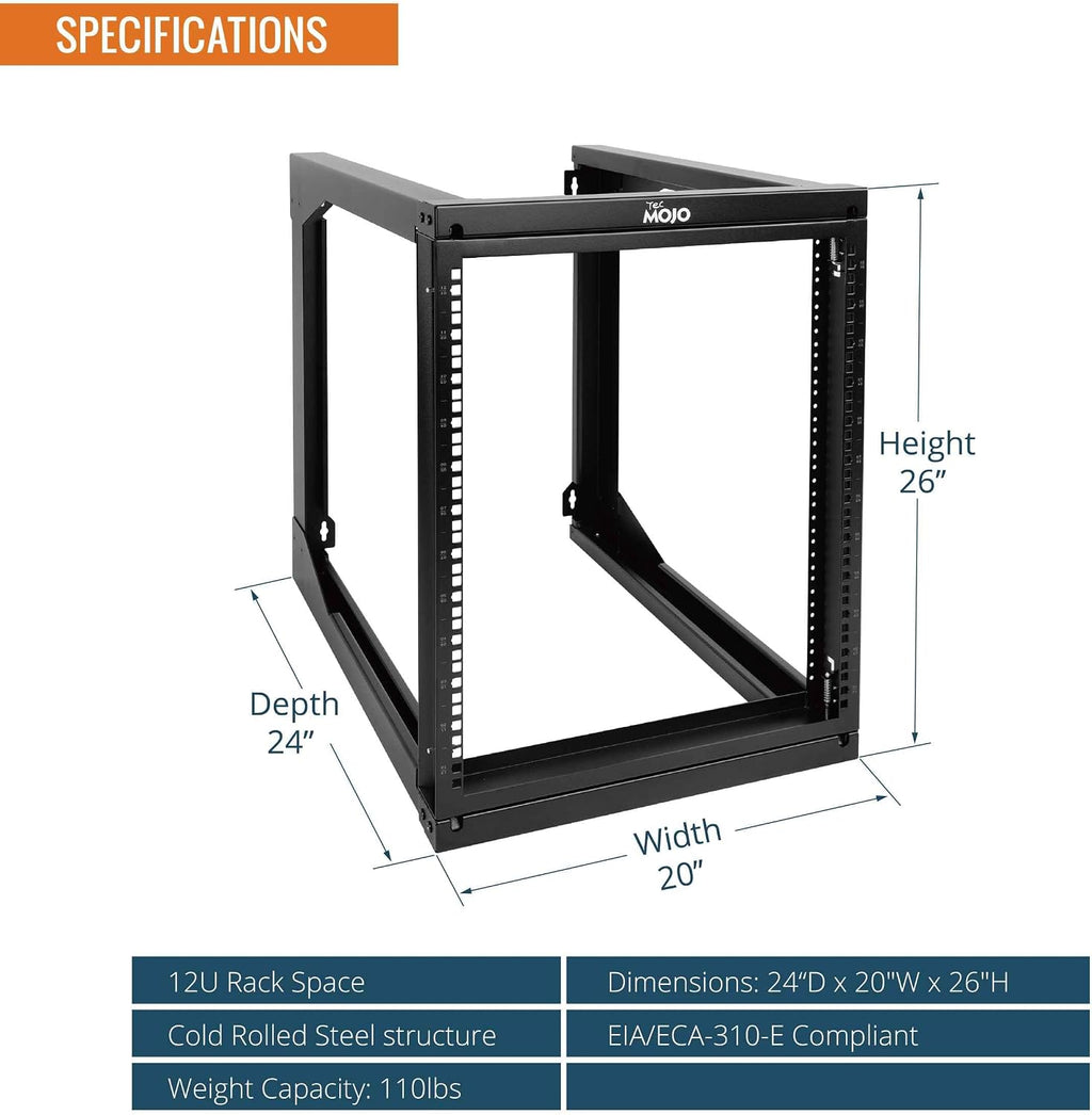 Tecmojo 12U Wall Mount Server Rack, Open Frame Network Rack for 19' Computer/AV/Data/IT/Media Equipment, 24' Depth, 16' Apart Mounting Holes, Swing Gate, Square and Tapped Holes