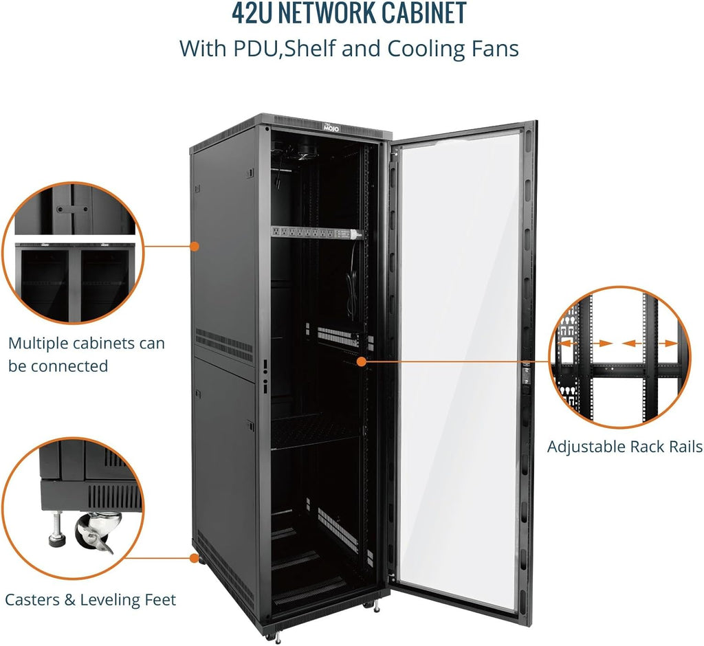 Tecmojo 42U Server Rack Network Cabinet 31.5' D x 23.6' W, Locking Data Cabinet Enclosure for 19' Server, Networking, AV & IT Equipment, Clear Door, Black