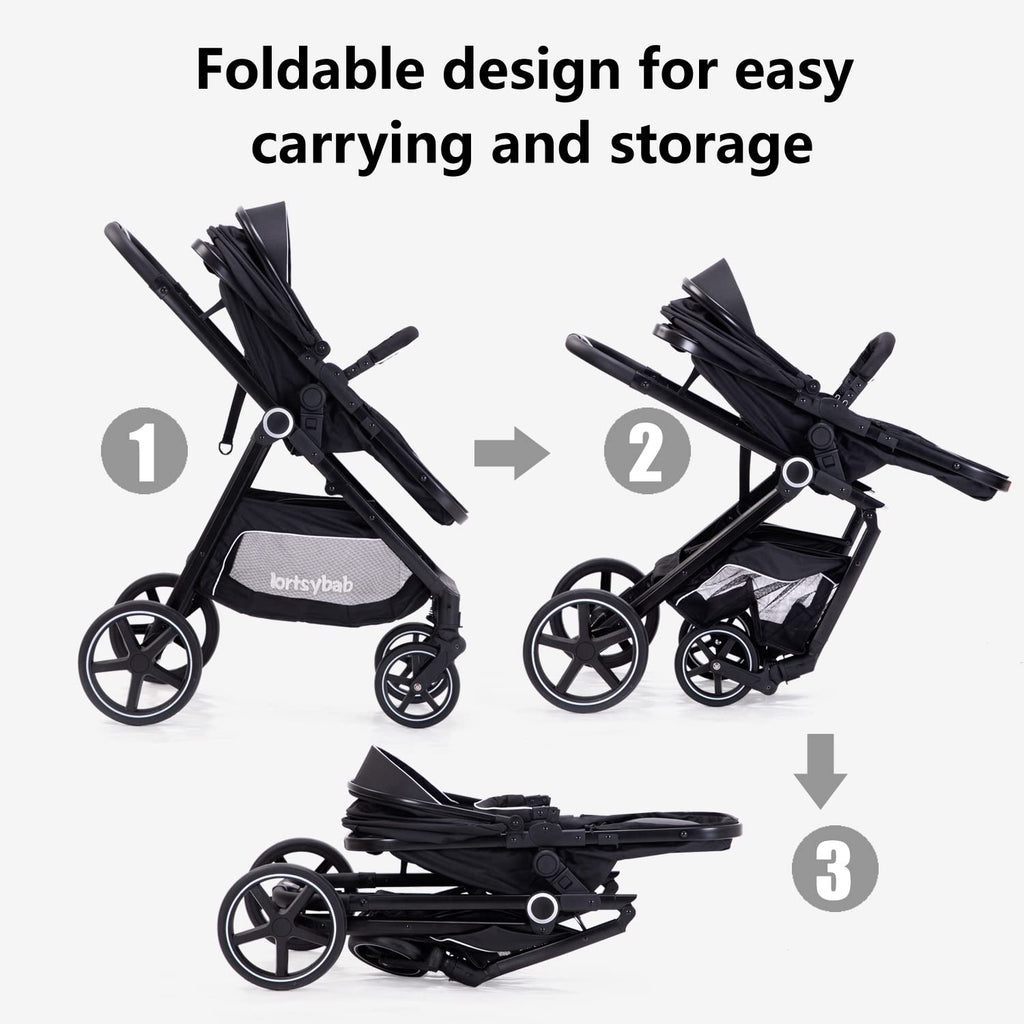 Lortsybab 2-in-1 Baby Stroller - Folding Infant Newborn Pram Stroller with Reversible Seat - Toddler Strollers for 0-36 Months Old Babies