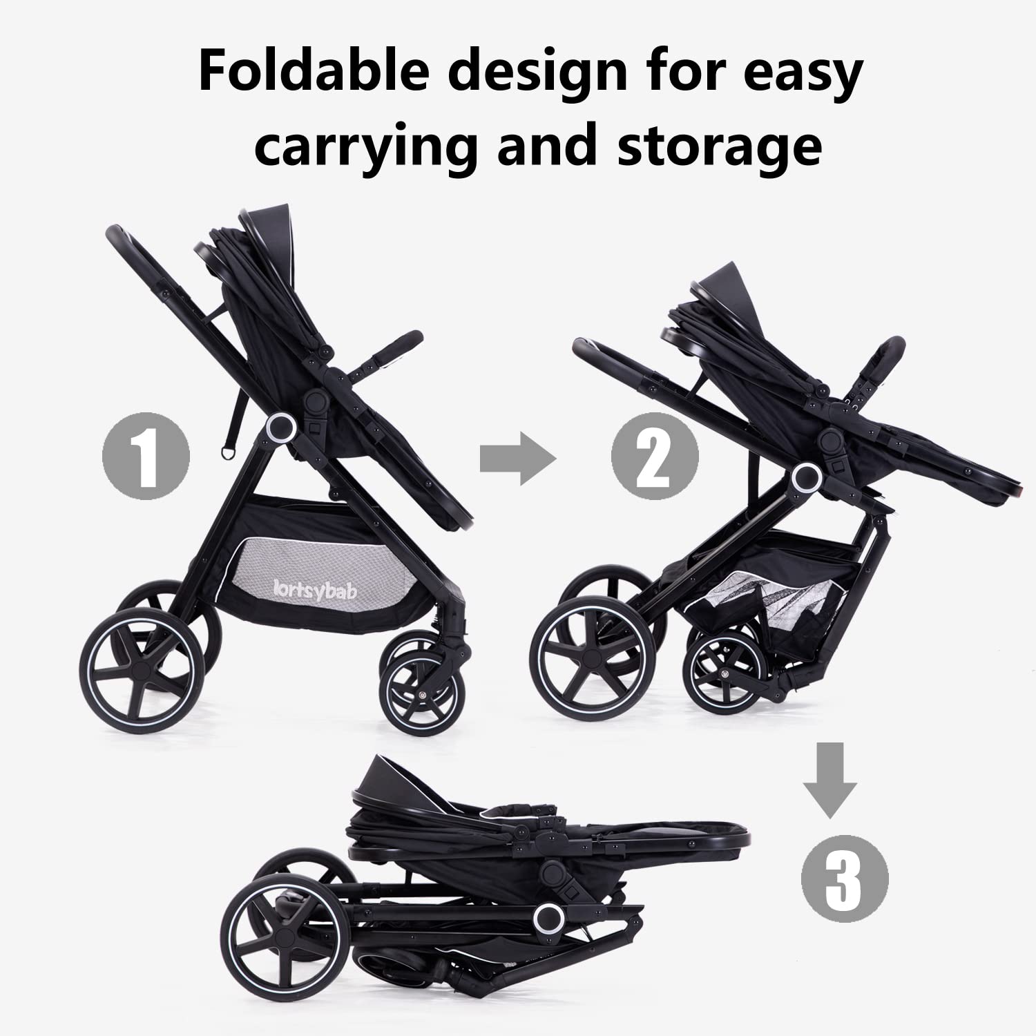 Lortsybab 2-in-1 Baby Stroller - Folding Infant Newborn Pram Stroller with Reversible Seat - Toddler Strollers for 0-36 Months Old Babies