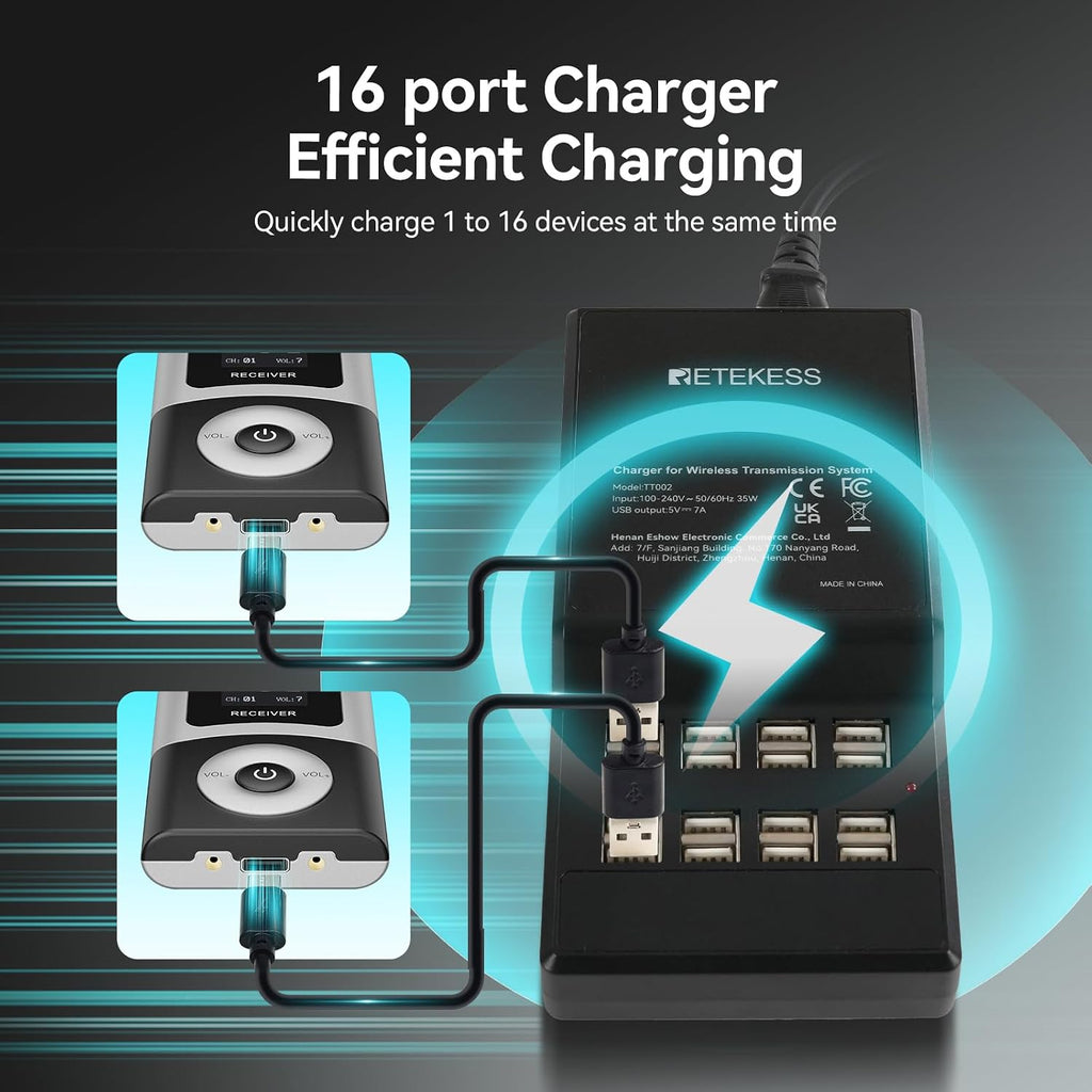 Retekess T130U(4nd Gen T130) Audio Tour Guide System, Tour Guide Headsets for Both Ear, 200m, 16 USB Charging Ports, Easy Operation, Translation System for Factory, School(1 Transmitter 10 Receivers)
