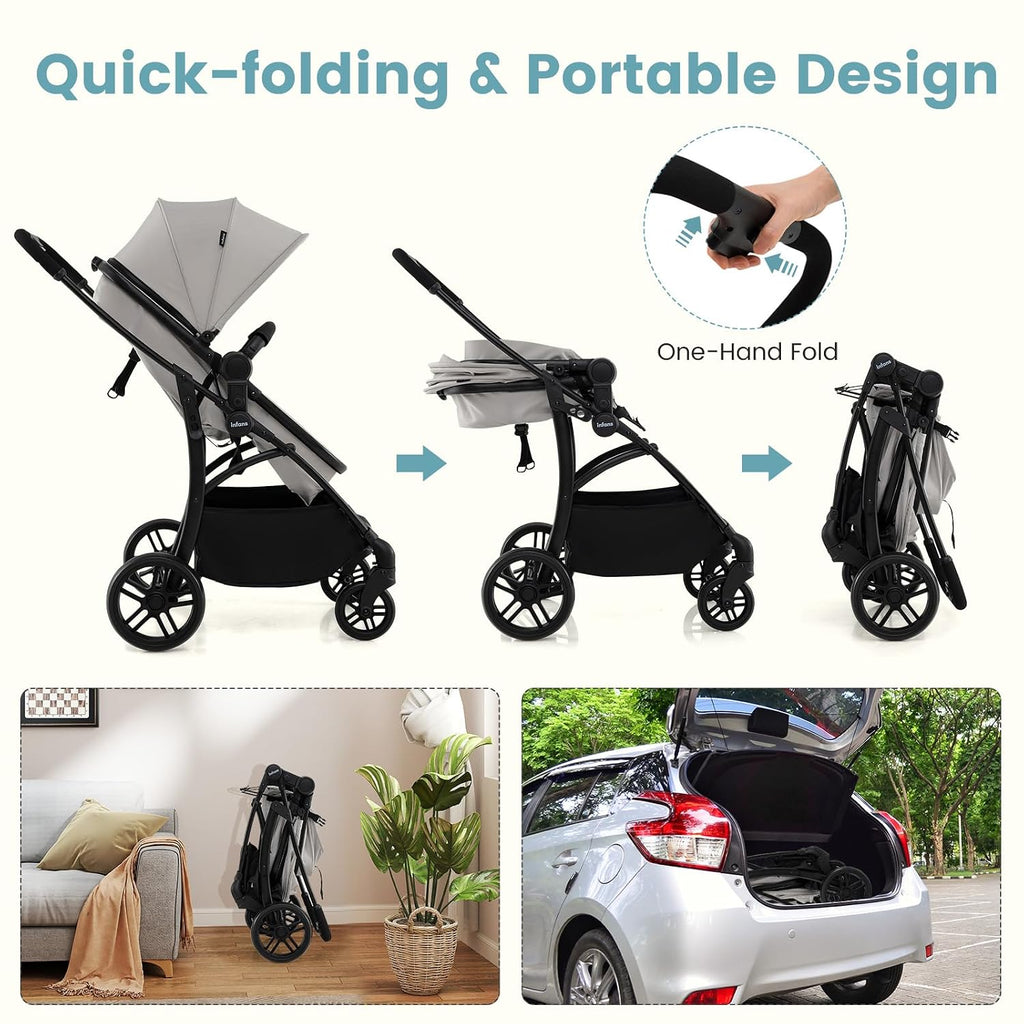 INFANS 2 in 1 Baby Stroller, Convertible Stroller with Bassinet Reversible Seat Adjustable Backrest Canopy One Hand Fold, Compact Toddler Pushchair for Kids Infants Newborns 0-36 Months