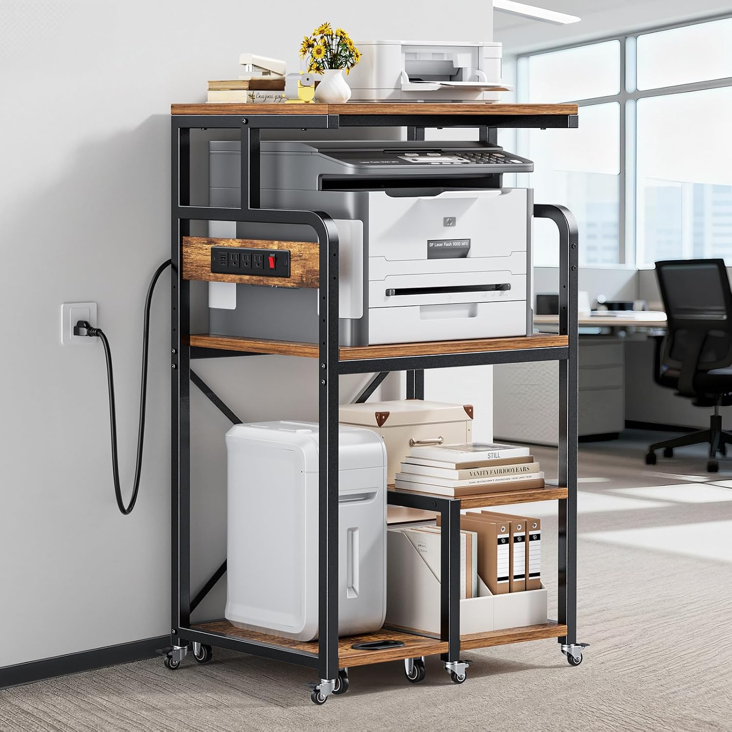 POKIPO Large 4 Tier Printer Stand, 26.7 x 21.2 x 50.2 Inches Tall Printer Cart with Power Outlets 4-Adjustable Heavy Duty Rolling Shelf for Home Office Kitchen Stand for Paper Shredder Mini Fridge