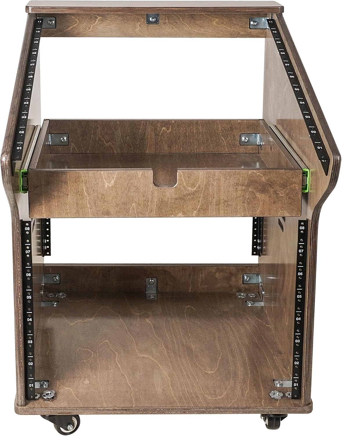 Sound Town DIY Solid Baltic Birch Plywood Studio Rack with 11U Slant Mixer Top, 8U Front, 2U Drawer, Rubber Feet, Casters, Weathered Brown (SDRK-M11X8B)