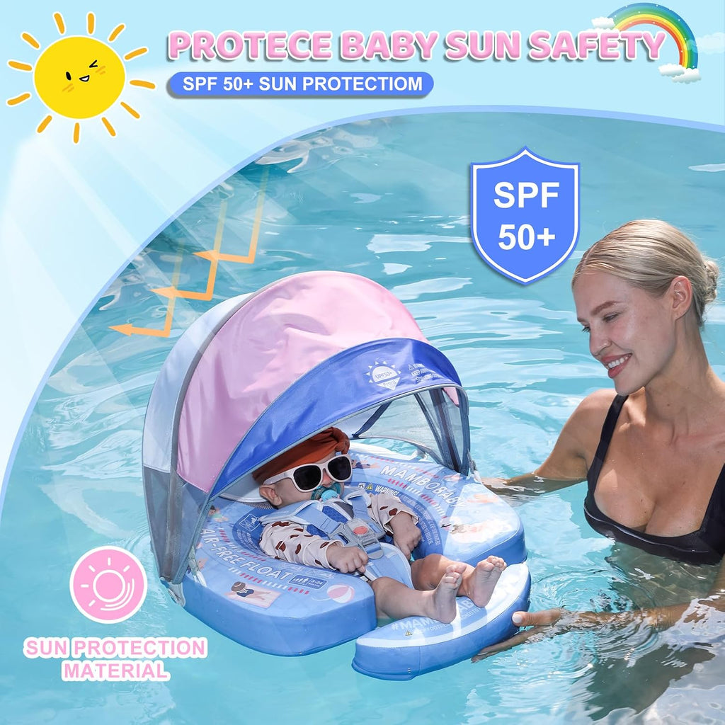 Mambobaby Baby Float with Canopy & Tail Non-Inflatable Baby Swim Float Upgrade Soft Infant Pool Float Sun Protection Newborn Pool Float 3-24 Months Skin-Friendly Material for Toddler Boys Girls