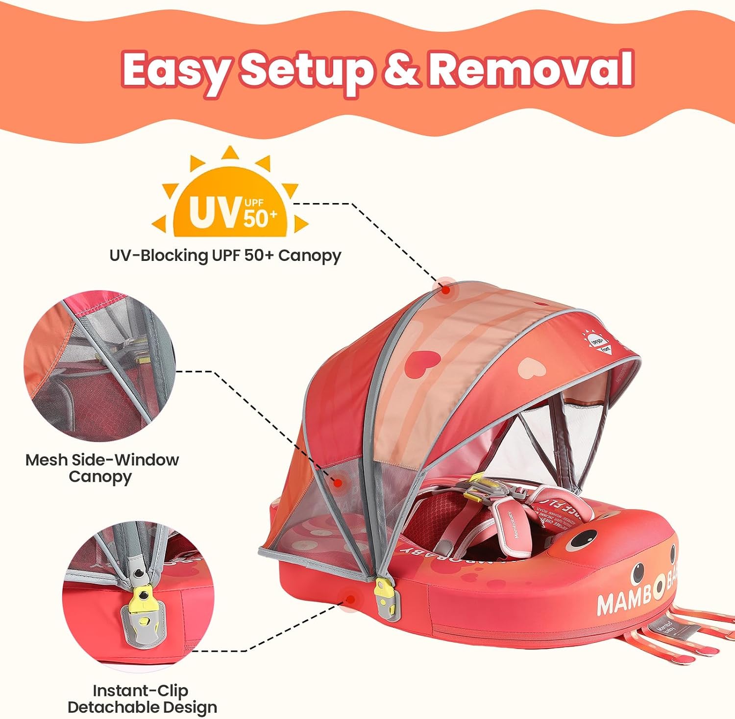 Mambobaby Float Deluxe Baby Pool Float: Safe & Comfortable Swim Trainer for Infants & Toddlers, Non-Inflatable Design, UV Protection Canopy, Fun Water Experience for Ages 3-24 Months
