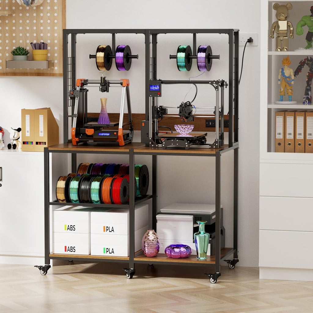 Double 3D Printer Stand with Filament Storage, Heavy-Duty Metal & MDF Dual Printer Workbench, T-Type Filament Holders, Lockable Wheels, Mobile 3D Printing Workstation for Home Studio & Workshop