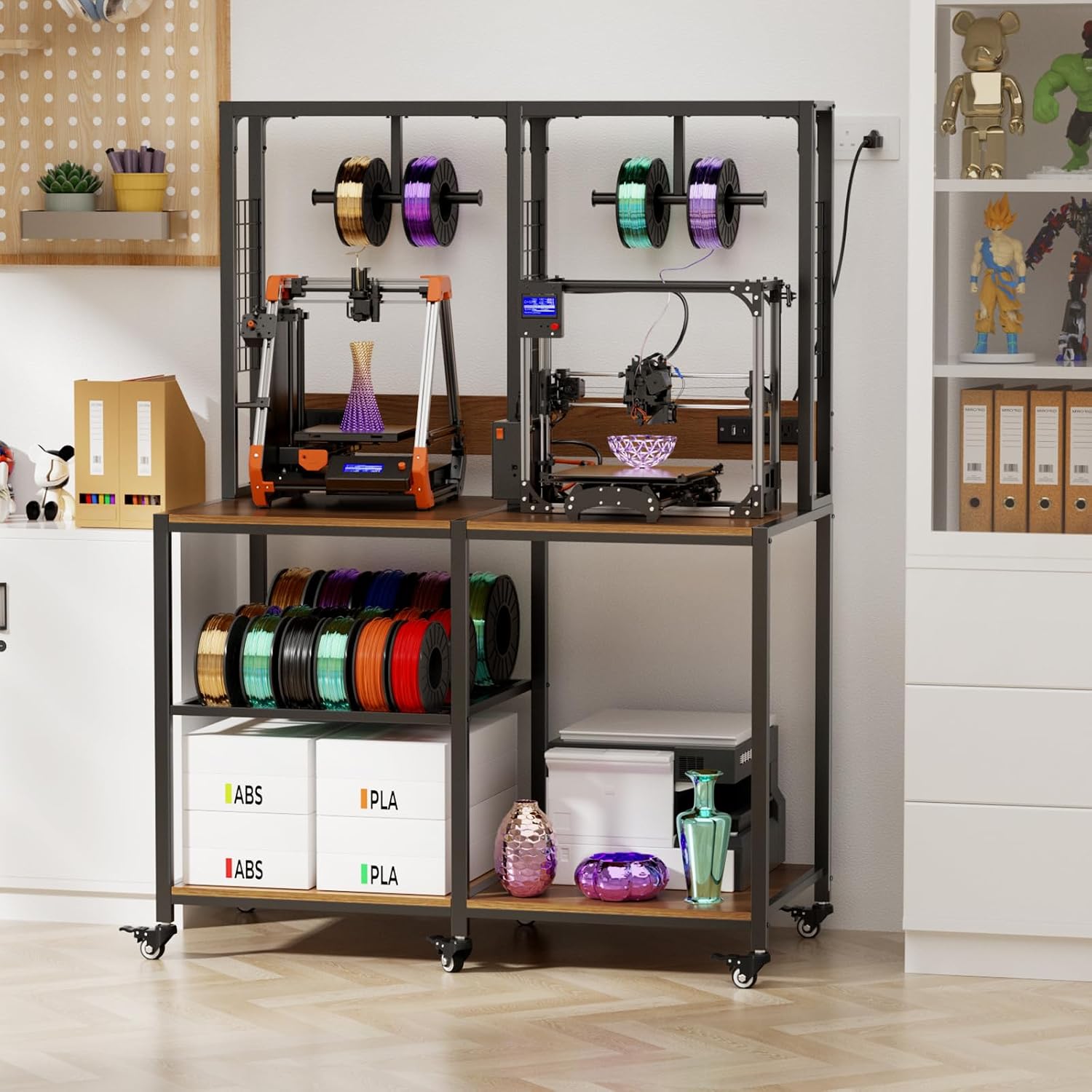 Double 3D Printer Stand with Filament Storage, Heavy-Duty Metal & MDF Dual Printer Workbench, T-Type Filament Holders, Lockable Wheels, Mobile 3D Printing Workstation for Home Studio & Workshop