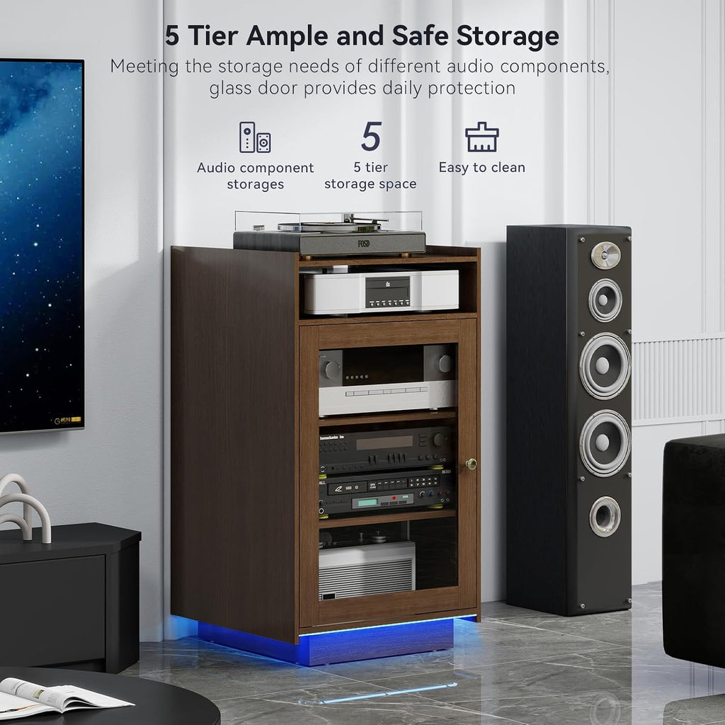 ELECWISH Media Cabinet with Tempered Glass Door, 5-Tier Stereo Cabinet with Adjustable Shelf, Media Stand with LED Light, AV Rack with Cable Management, Brown