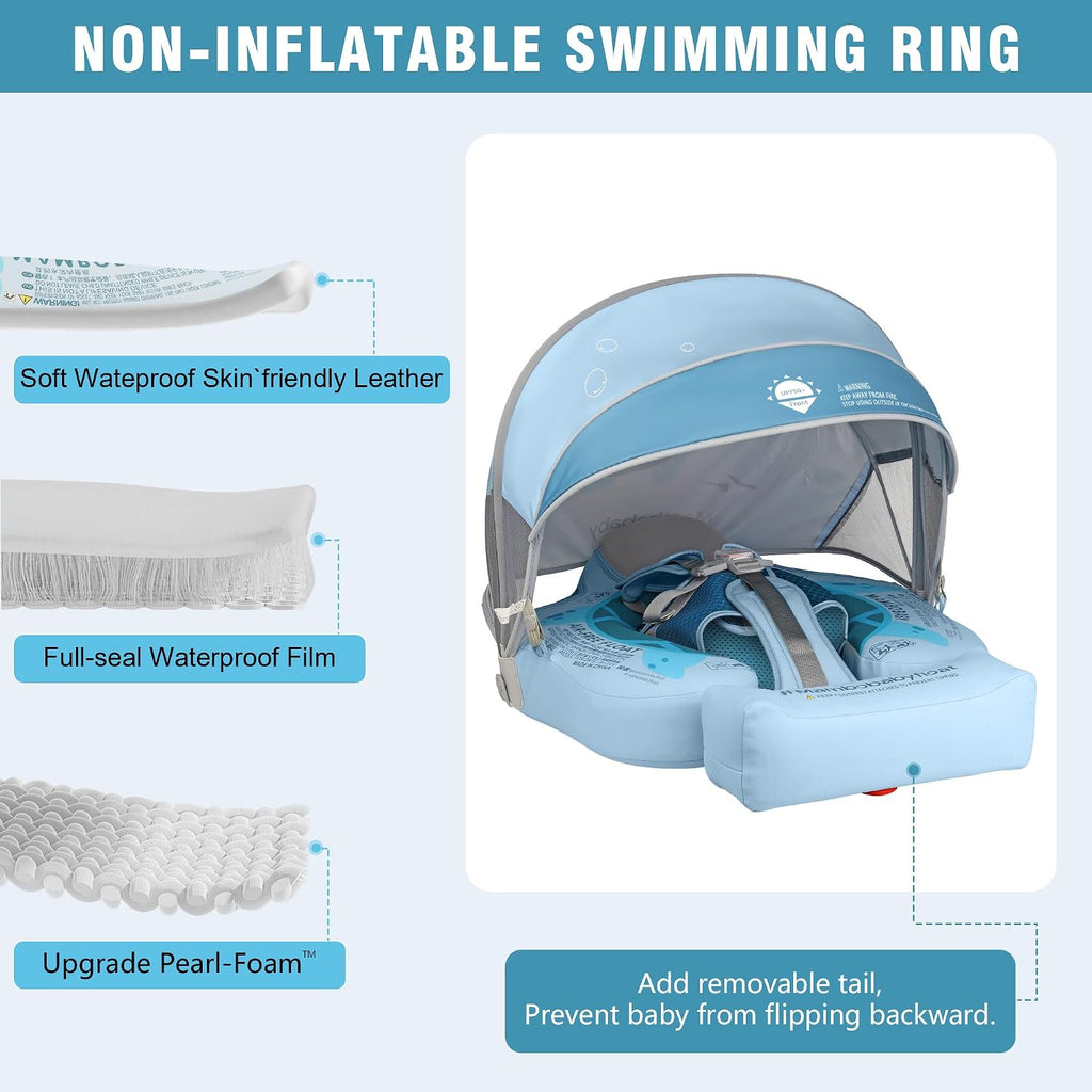 Mambobaby Baby Pool Float with Removable Sun Canopy - Non Inflatable Infant Swim Float with Anti-Flip Tail Design, Waterproof & Skin-Friendly Baby Float for Swimming (3-24 Months)