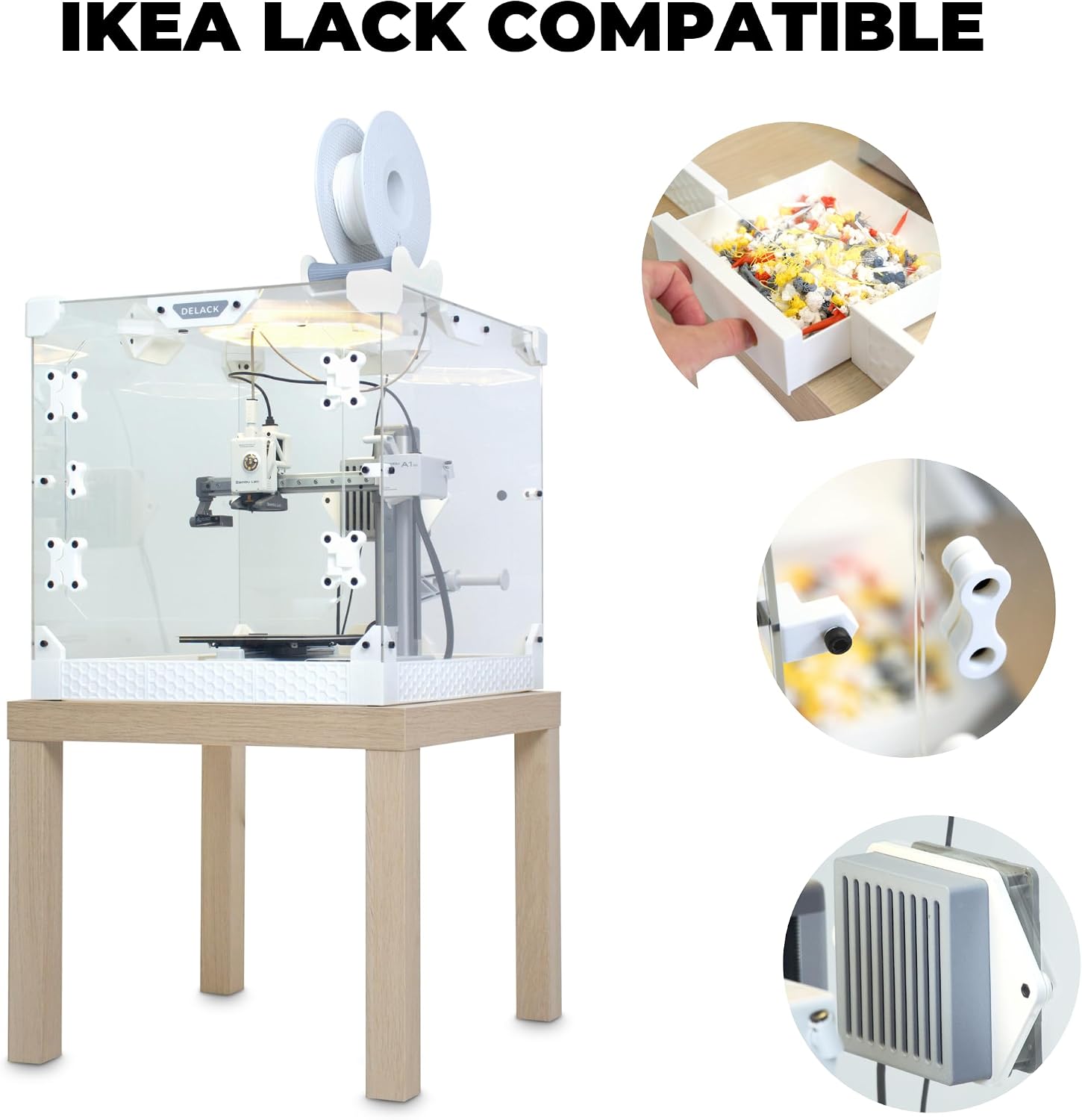 DELACK 3D Printer Enclosure Kit with LED Light | Made for Bambu Lab A1 Mini + Prusa MK4/Mini | Compatible with IKEA Lack Table | Printed Parts Not Included | 20+ Accessory Prints