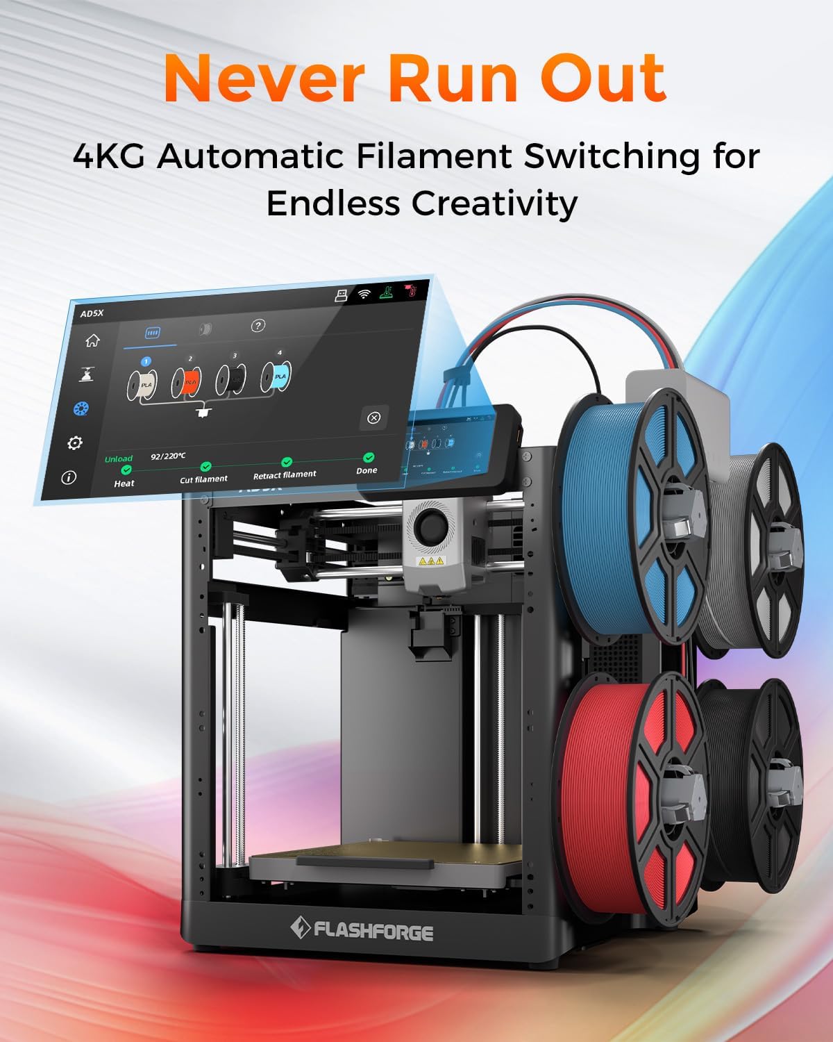 FLASHFORGE AD5X Multi-Color 3D Printer 4 Colors with IFS, Fully Auto Leveling FDM 3D Printer with Max 600mm/s High Speed Printing and Max 300°C Nozzle, Large Printing Size 220 * 220 * 220mm