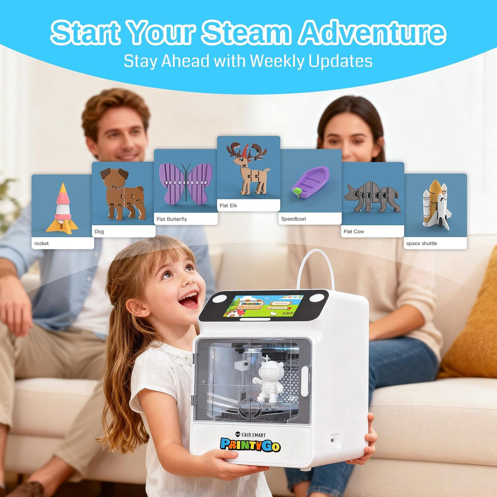 SainSmart PrintyGo Mini 3D Printer for Kids, 600mm/s Auto Leveling Printer for Beginners with 5' Touch Screen, 1500+ Models, Child-Safe Design, Wi-Fi/App Control, Pre-Assembled for STEM Learning Gift