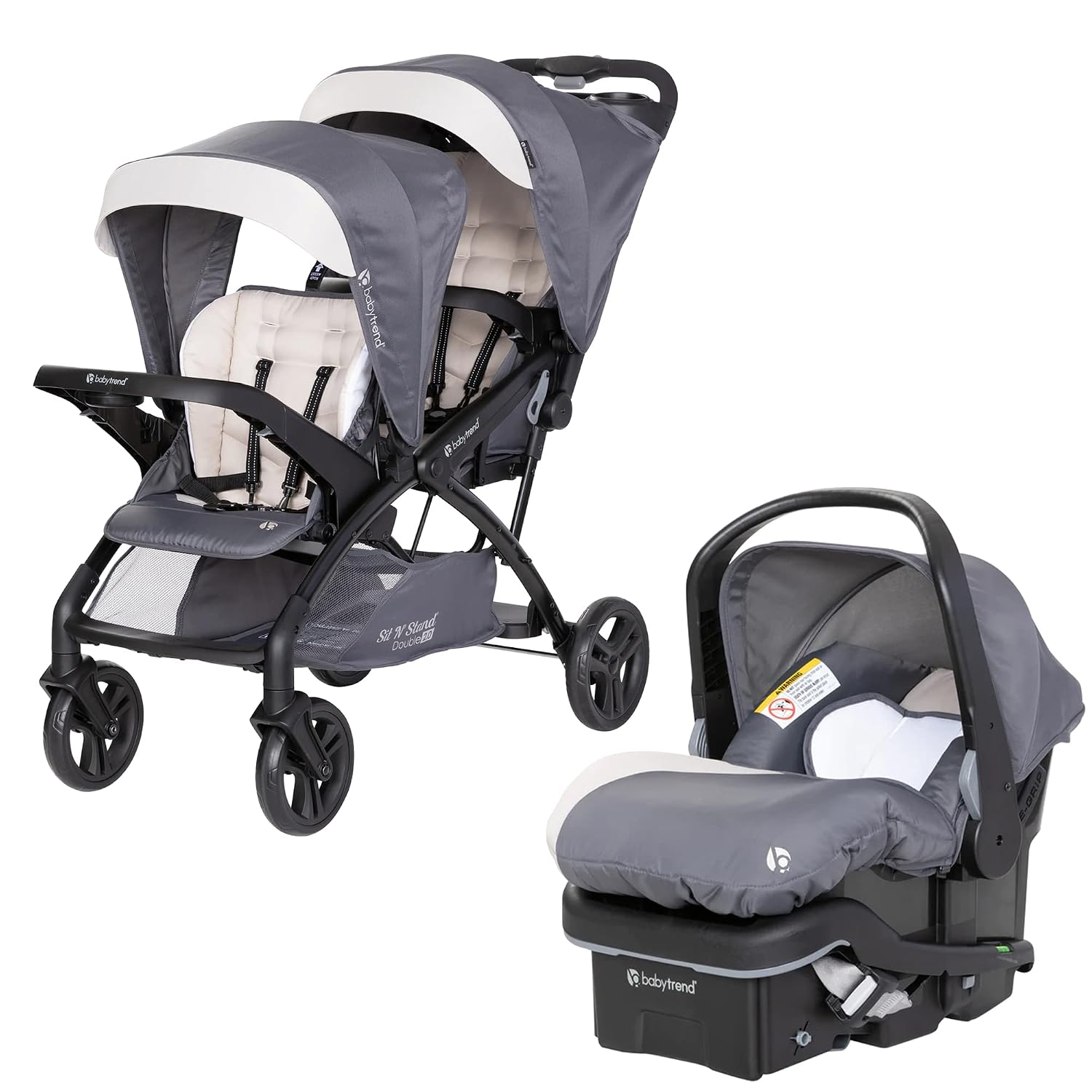Baby Trend Sit N' Stand Double Stroller 2.0 DLX with 5 Point Safety Harness and EZ-Lift Plus Lightweight Infant Car Seat with Cozy Cover, Magnolia