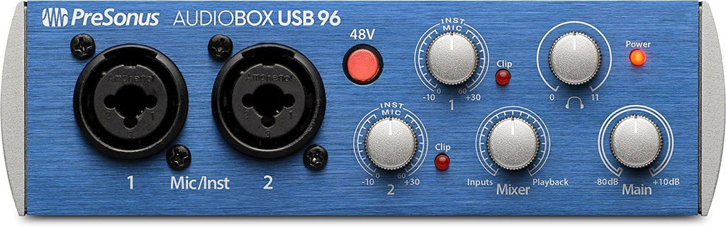 PreSonus AudioBox 96 USB 2×2 Interface Recording Bundle with LyxPro Cardioid Condenser Mic, HAS‑10 Headphones, Pop Filter, Shockmount, Stand, XLR Cable & Studio One Artist Software Kit