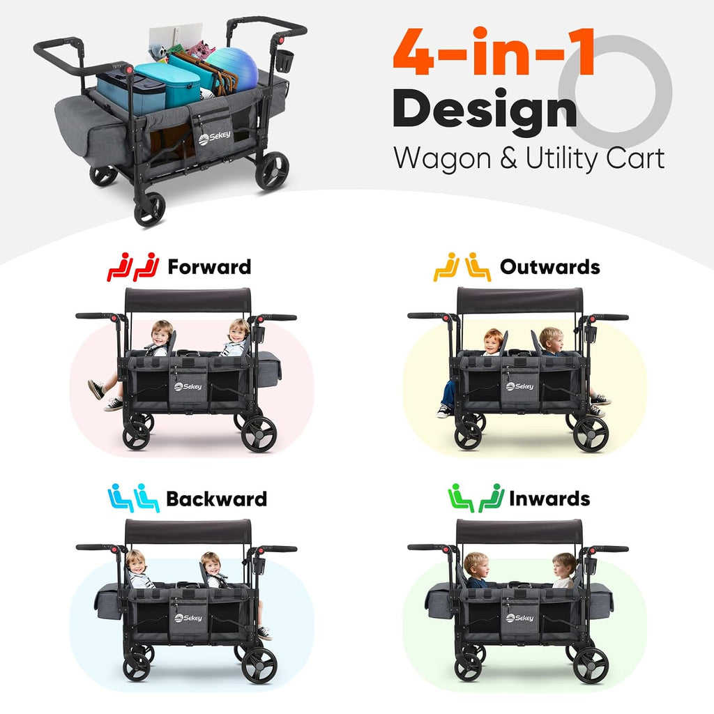 Sekey Wagon Stroller for 2 Kids, Luxury 4-in-1 Stroller Wagon - Premium Quality with Convertible Seats, Adjustable Push Handles, Removable Canopy, Snack Tray & Cooler, US Certified