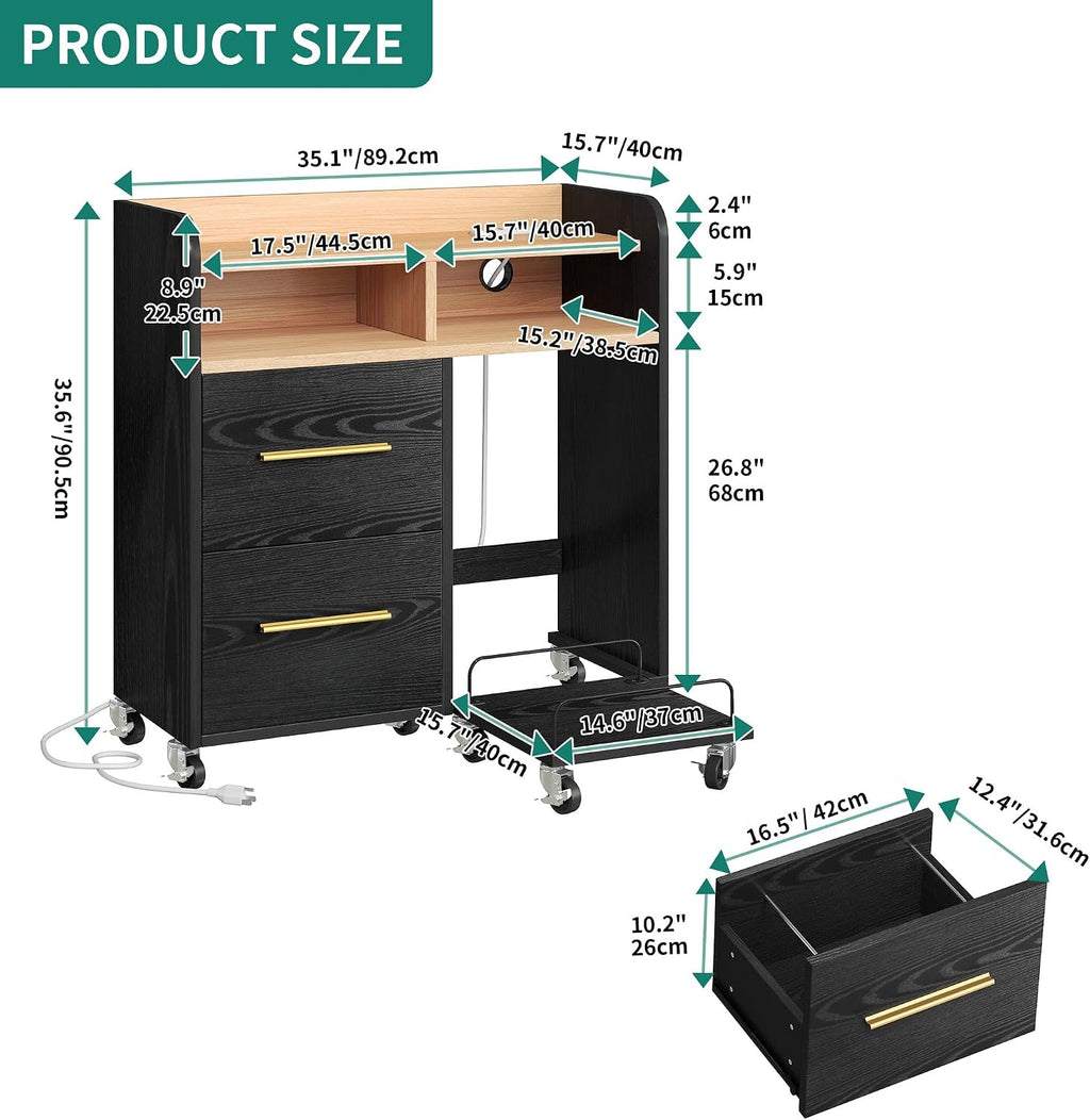 YITAHOME File Cabinet with Charging Station, Printer Table Cabinet for Home Office, Printer Stand Cart, Fits A4, Letter, Legal Size Files, Office Furniture, Black