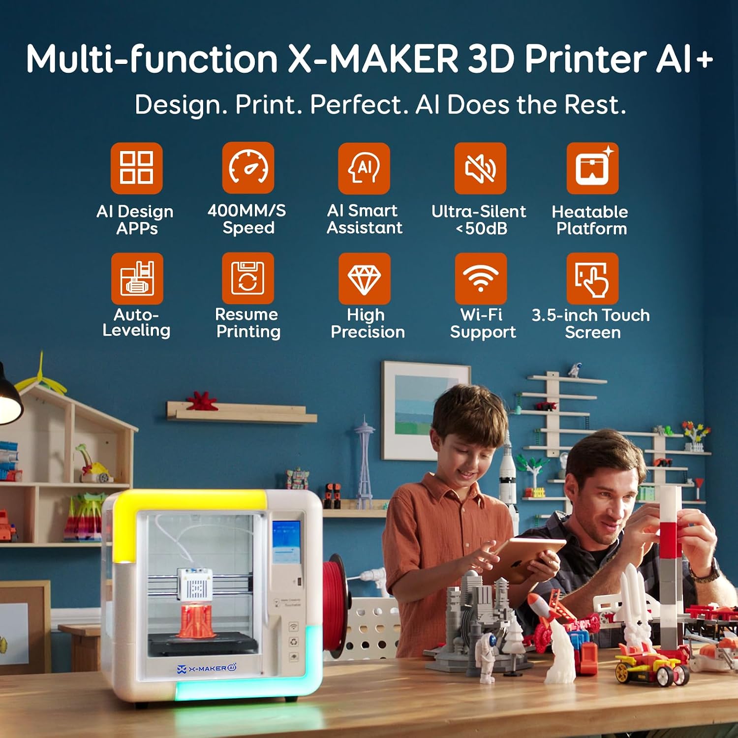 AOSEED 3D Printer for Kids & Beginners, AI-Powered Fully Assembled 3D Printer with Up to 400mm/s Speed, Auto Leveling, 15 Mini Apps, Includes 1 PLA Filament for Home and School Use, X-MAKER AI+