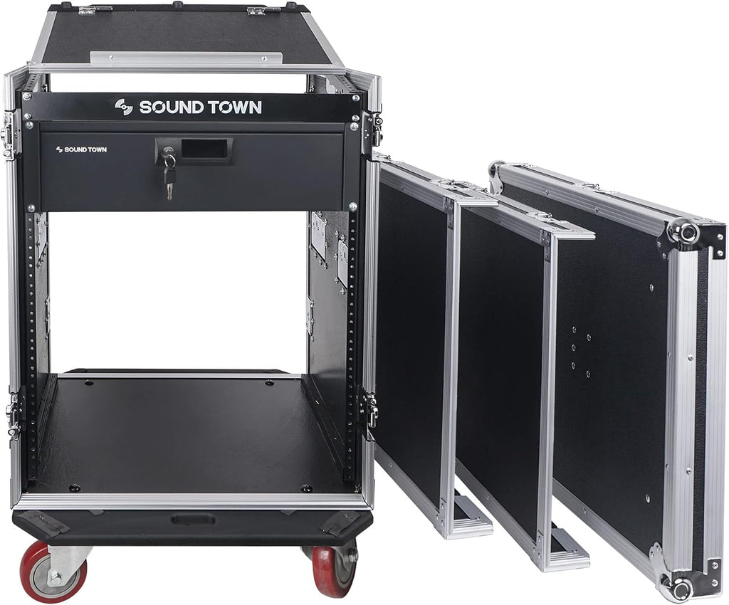 Sound Town Heavy-Duty 1/2' (12mm) Plywood 14U PA DJ Pro Audio Rack/Road ATA Case with 11U Slant Mixer Top, Locking Drawer, 20'' Rackable Depth and Casters (STMR-14D3)