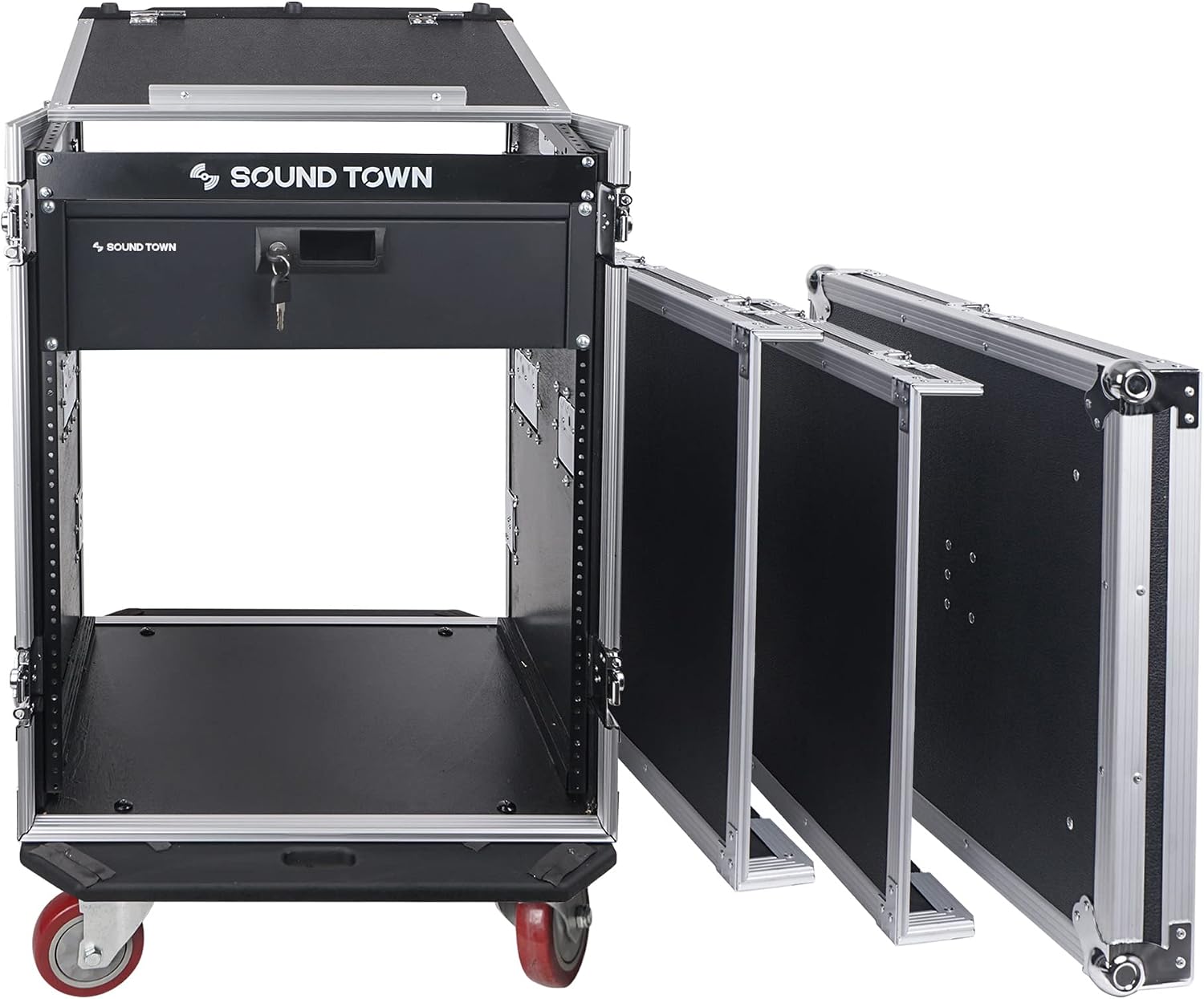 Sound Town Heavy-Duty 1/2' (12mm) Plywood 14U PA DJ Pro Audio Rack/Road ATA Case with 11U Slant Mixer Top, Locking Drawer, 20'' Rackable Depth and Casters (STMR-14D3)