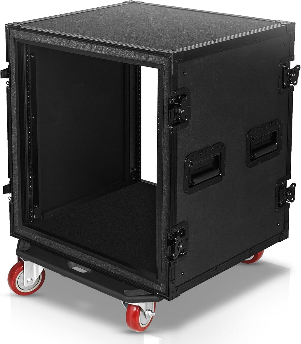 Sound Town Black Series Shock Mount 12U ATA Plywood Rack Case with 21' Rackable Depth, All-Black Anodized Hardware and Casters, Pro Tour Grade (STRC-SPB12UW)