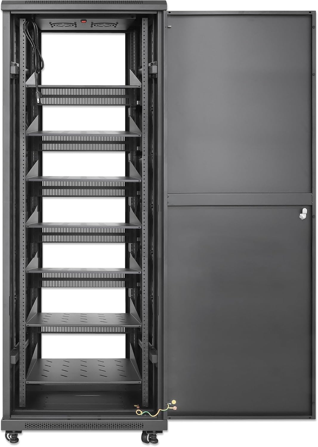 Intellinet 38U Network Server Rack Enclosure Cabinet with Integrated Fans – IP20 Rated, Reversible Tempered-Glass Front Door, Removable Side Panels – 3 Yr Mfg Warranty