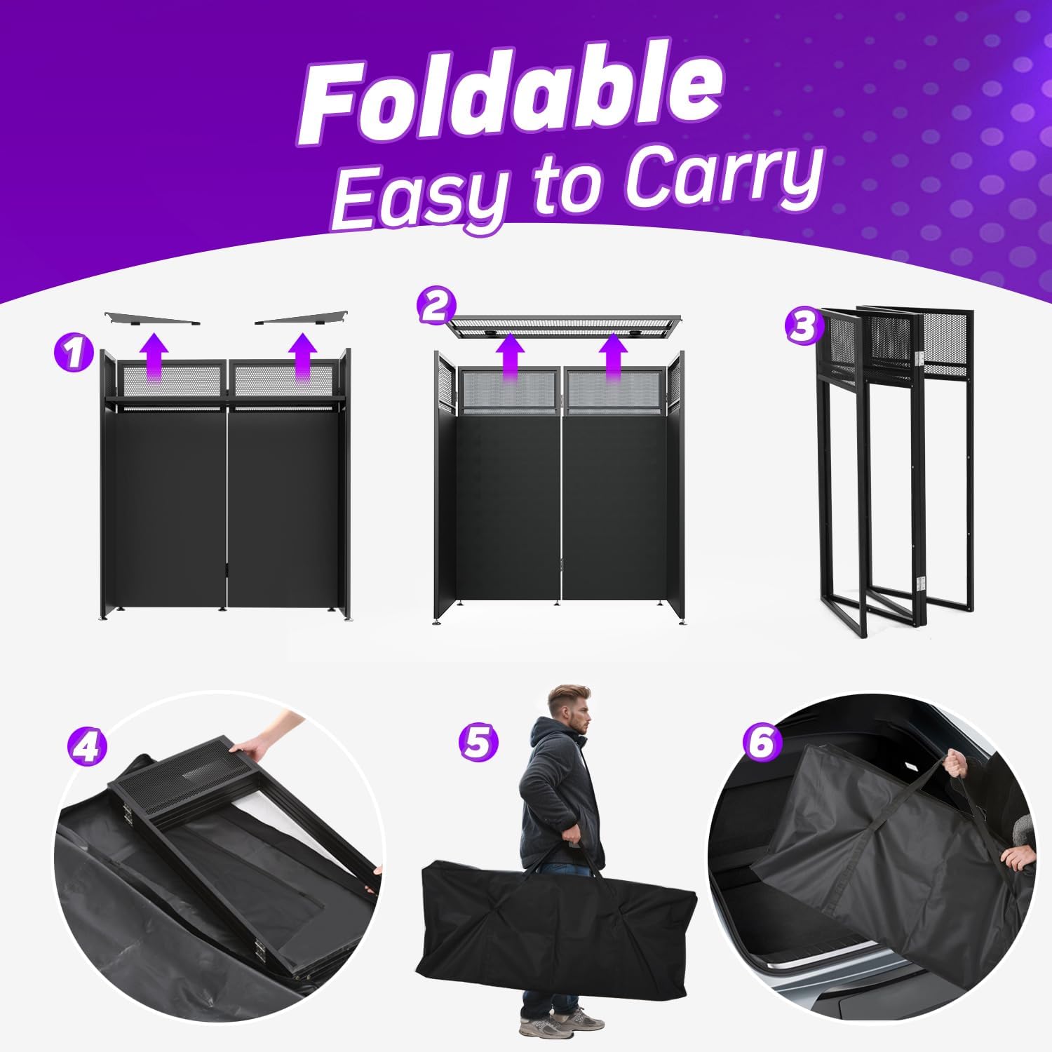 YooKoo Foldable DJ Booth with Two Top Trays, Tool-Free Assembly, DJ Table with White & Black Scrims, Metal Frame DJ Facade, DJ Stand with Cable Hole and Carry Bag, for Parties & Events & Small Studios