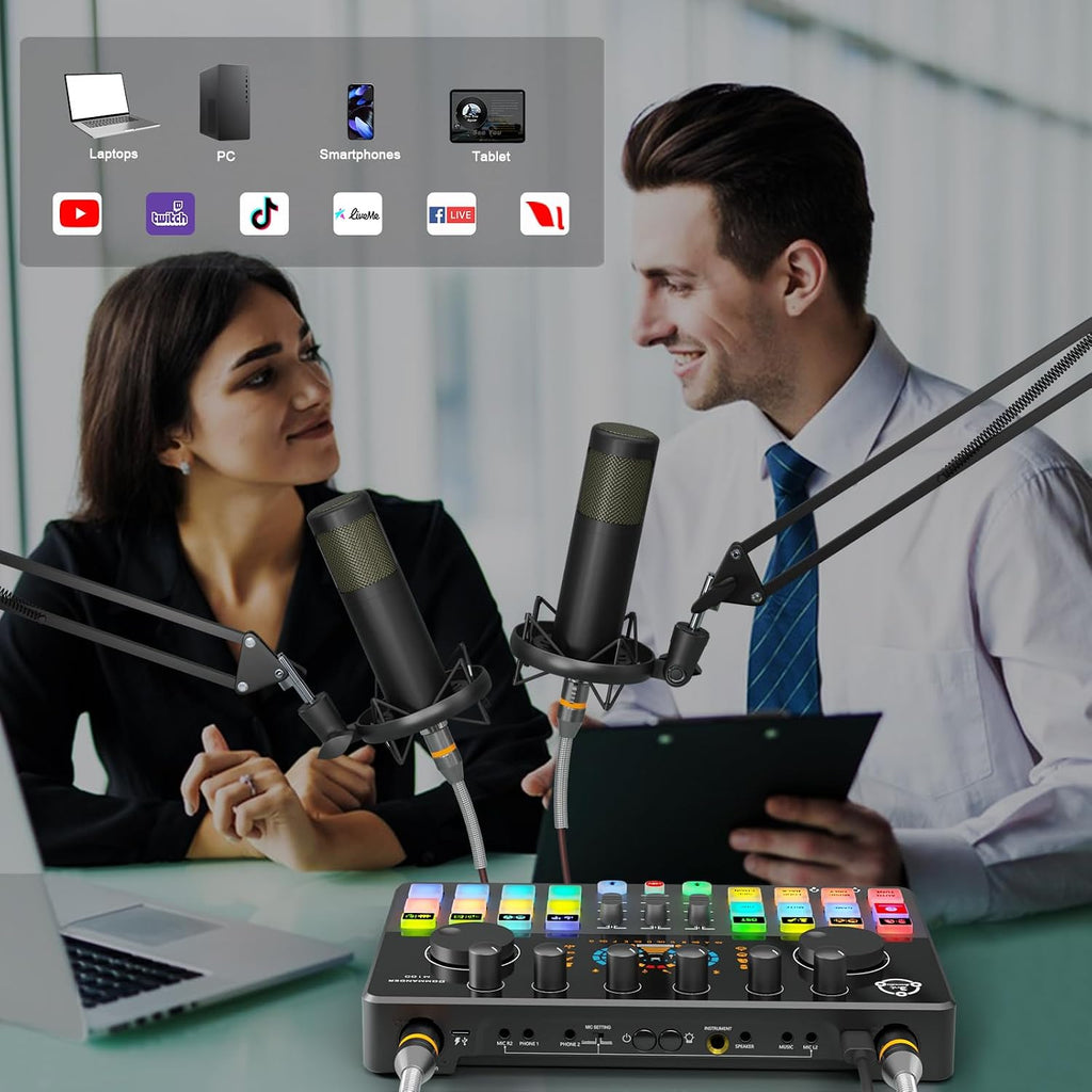 Podcast Equipment Bundle for 2, Audio Mixer with XLR Dynamic Microphone, Voice Change,RGB for Vocal Recording Podcasting,Streaming Singing TikTok, PC, Smartphone COMMANDER M100 3rd