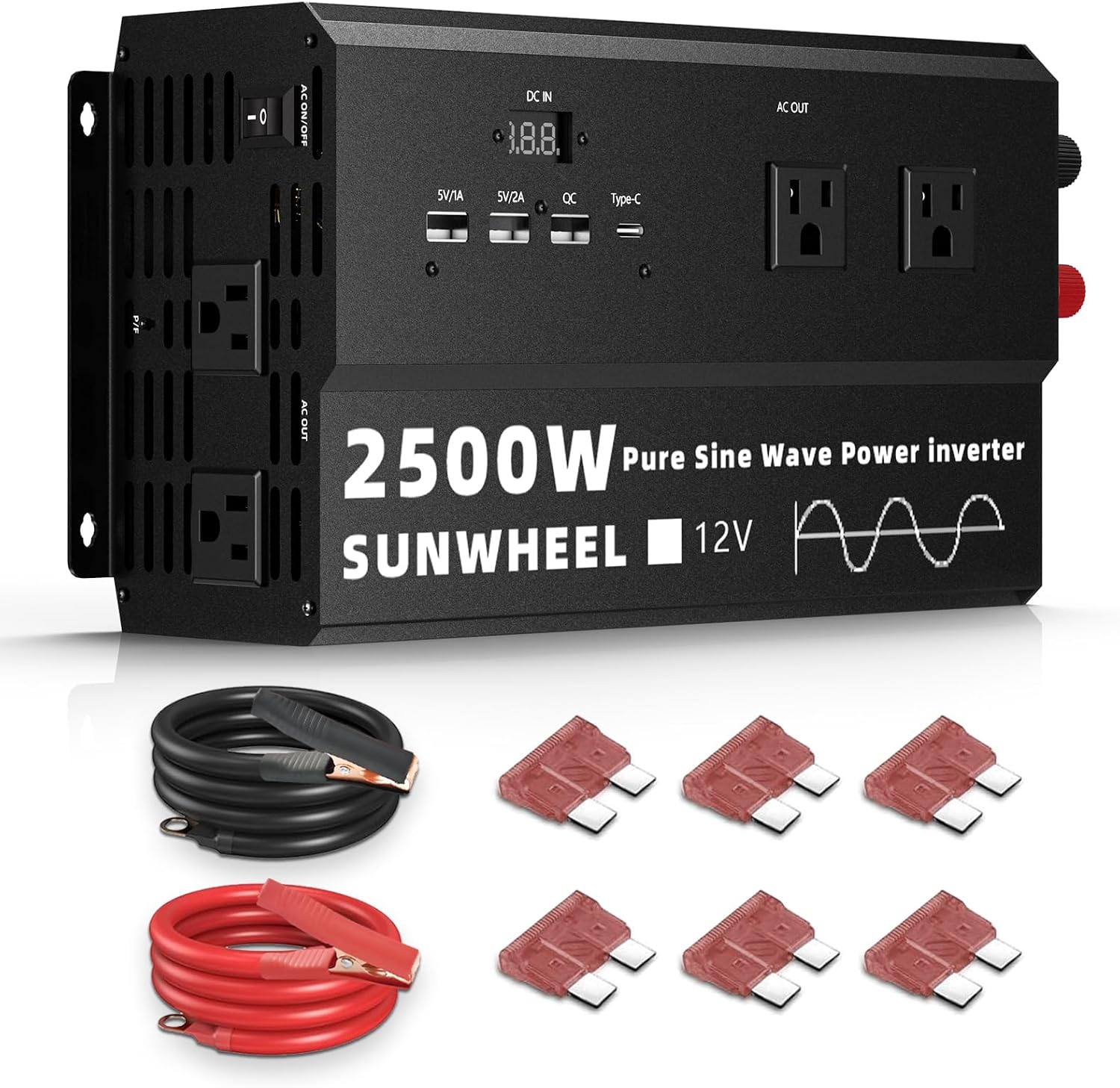 SUNWHEEL 2500W Pure Sine Wave Inverter, 12V DC to 110V/120V AC Power Inverter for RV、Off Grid、Refrigerator with 4 AC outlets and LCD Display
