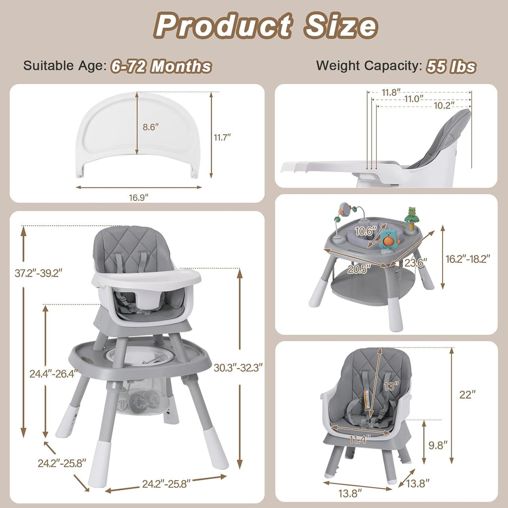 Babyliebe 15-in-1 Baby High Chair, Convertible Highchair for Babies and Toddlers with Activity Center, Booster Seat, Building Block Table, Toddler Chair with Safety Harness, Removable Tray (Gray)