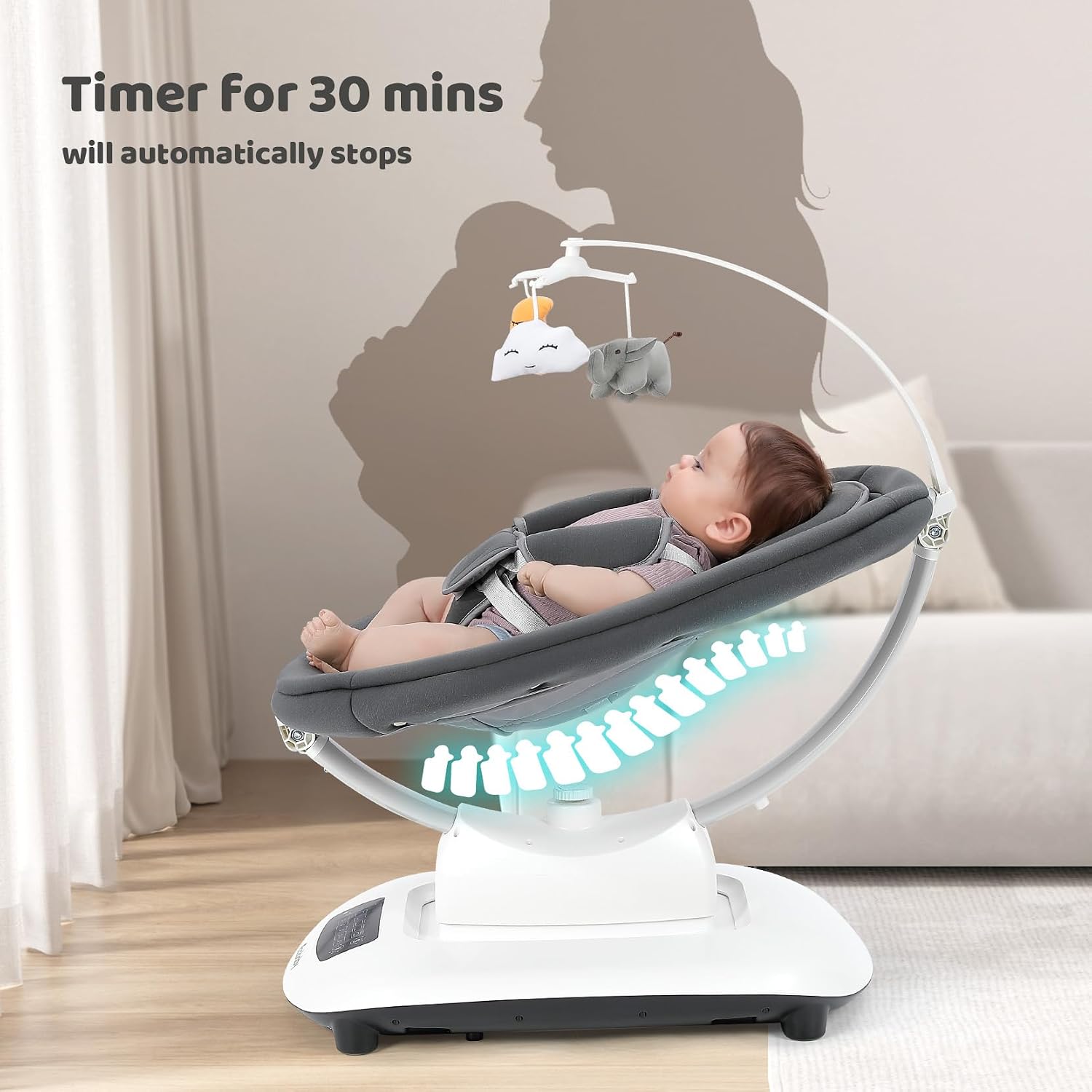 Ezebaby Electric Baby Swing for Infants with 5 Unique Motions, 5 Speeds, Lullabies, Bluetooth Enabled, Smart Baby Swings for Newborn with 5-Point Harness & Remote Control for 0-9 Months, Grey